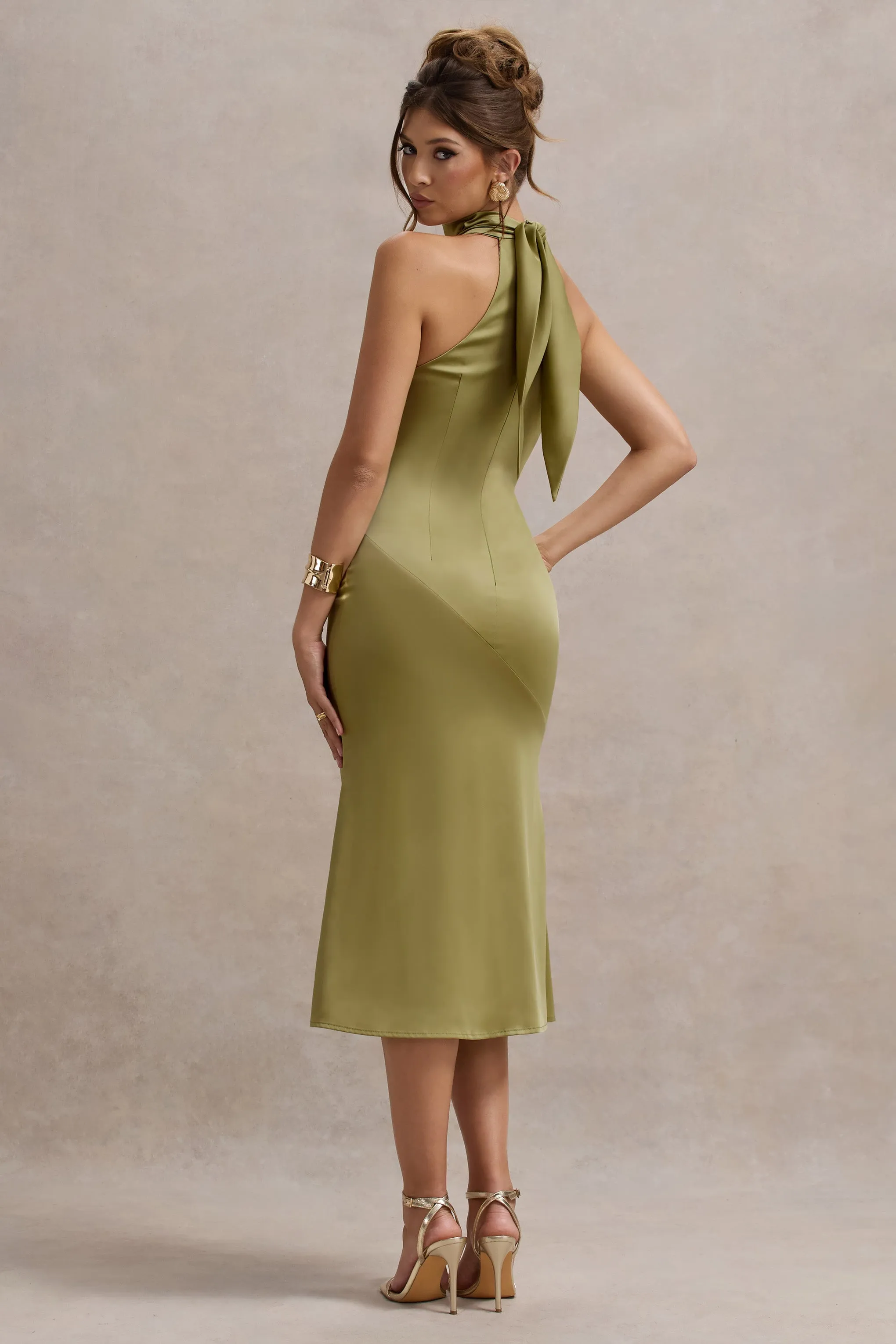 Violette | Olive Satin High-Neck Split Midi Dress Club L London