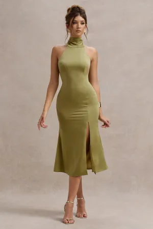 Violette | Olive Satin High-Neck Split Midi Dress Club L London