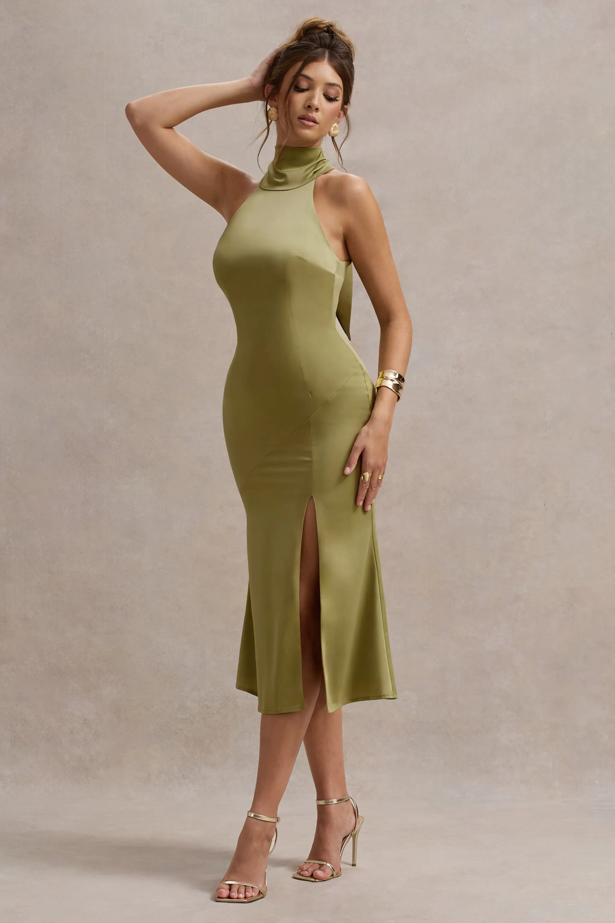 Violette | Olive Satin High-Neck Split Midi Dress Club L London