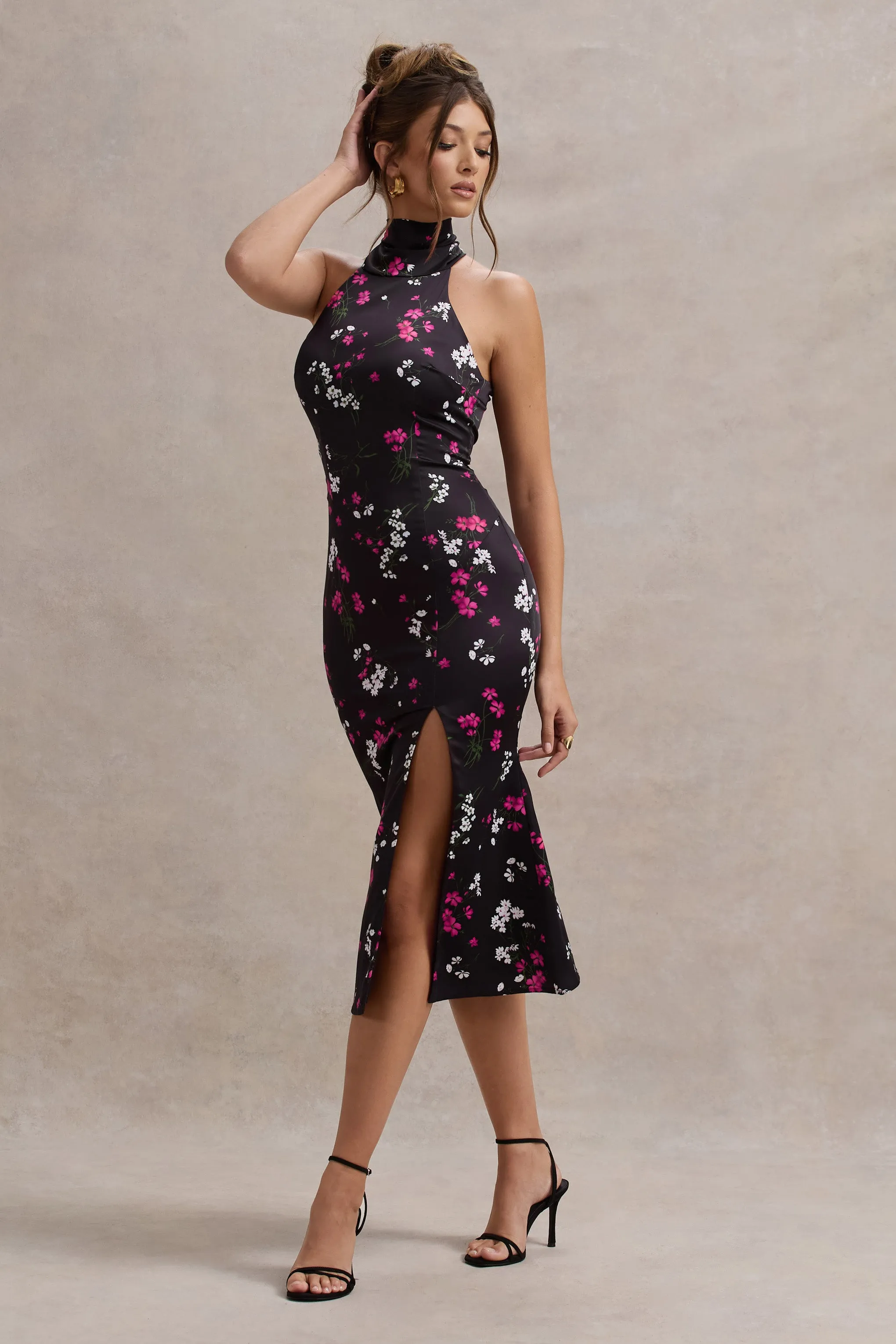 Violette | Purple Ditsy Floral Print Satin High-Neck Split Midi Dress Club L London
