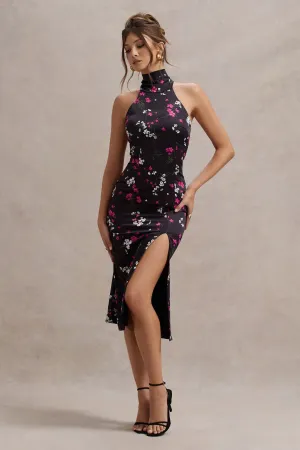 Violette | Purple Ditsy Floral Print Satin High-Neck Split Midi Dress Club L London