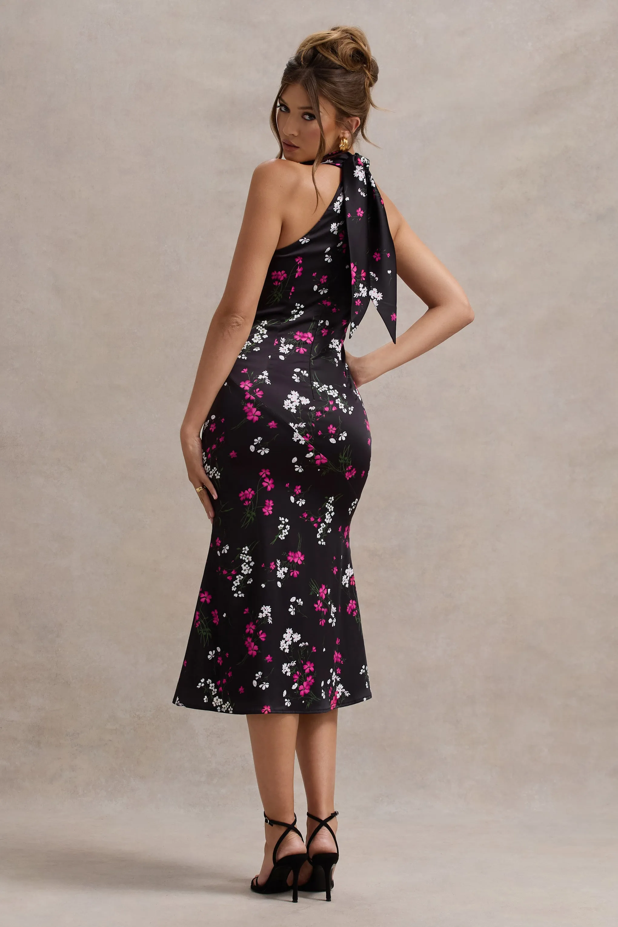 Violette | Purple Ditsy Floral Print Satin High-Neck Split Midi Dress Club L London