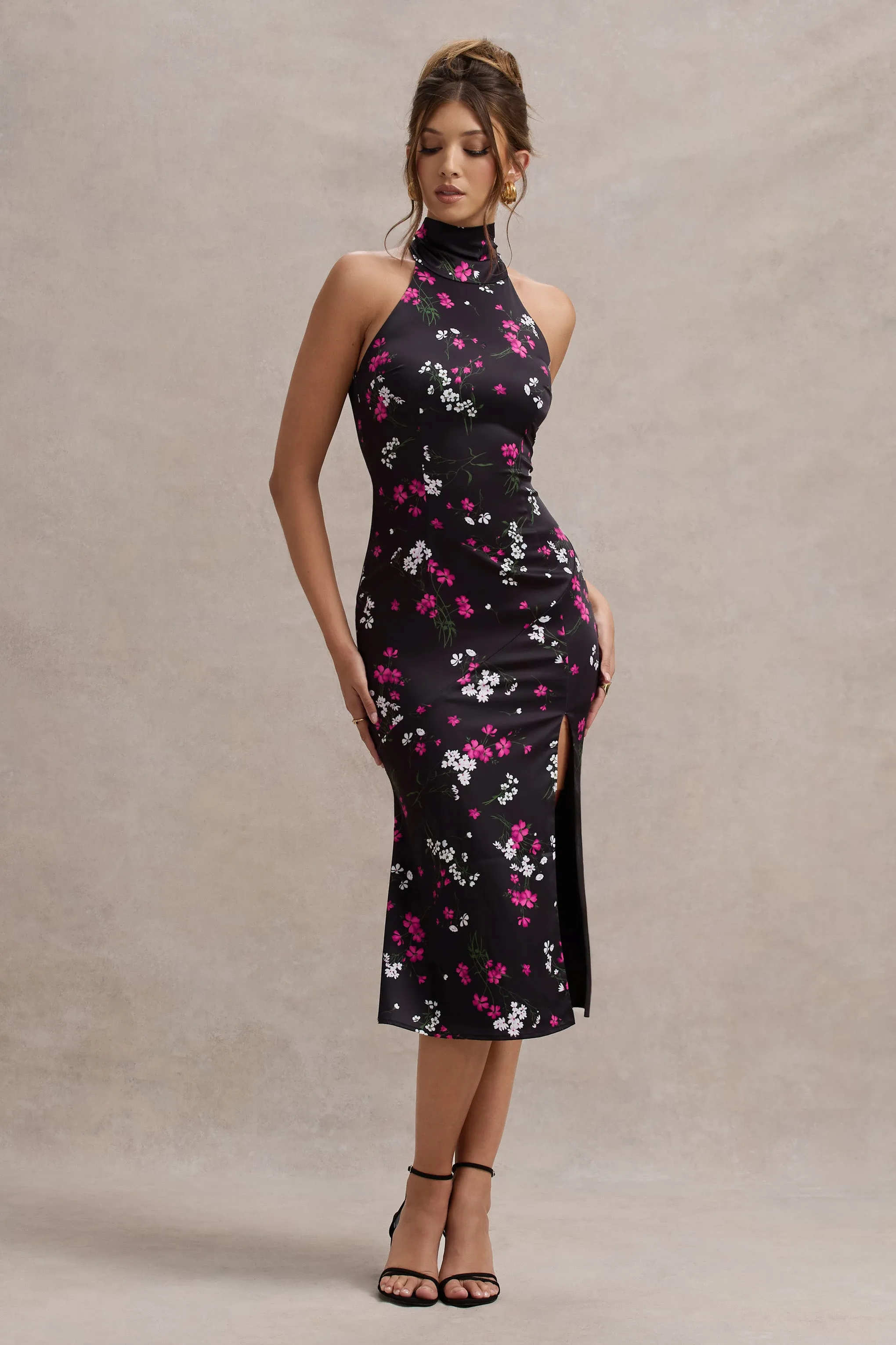 Violette | Purple Ditsy Floral Print Satin High-Neck Split Midi Dress Club L London