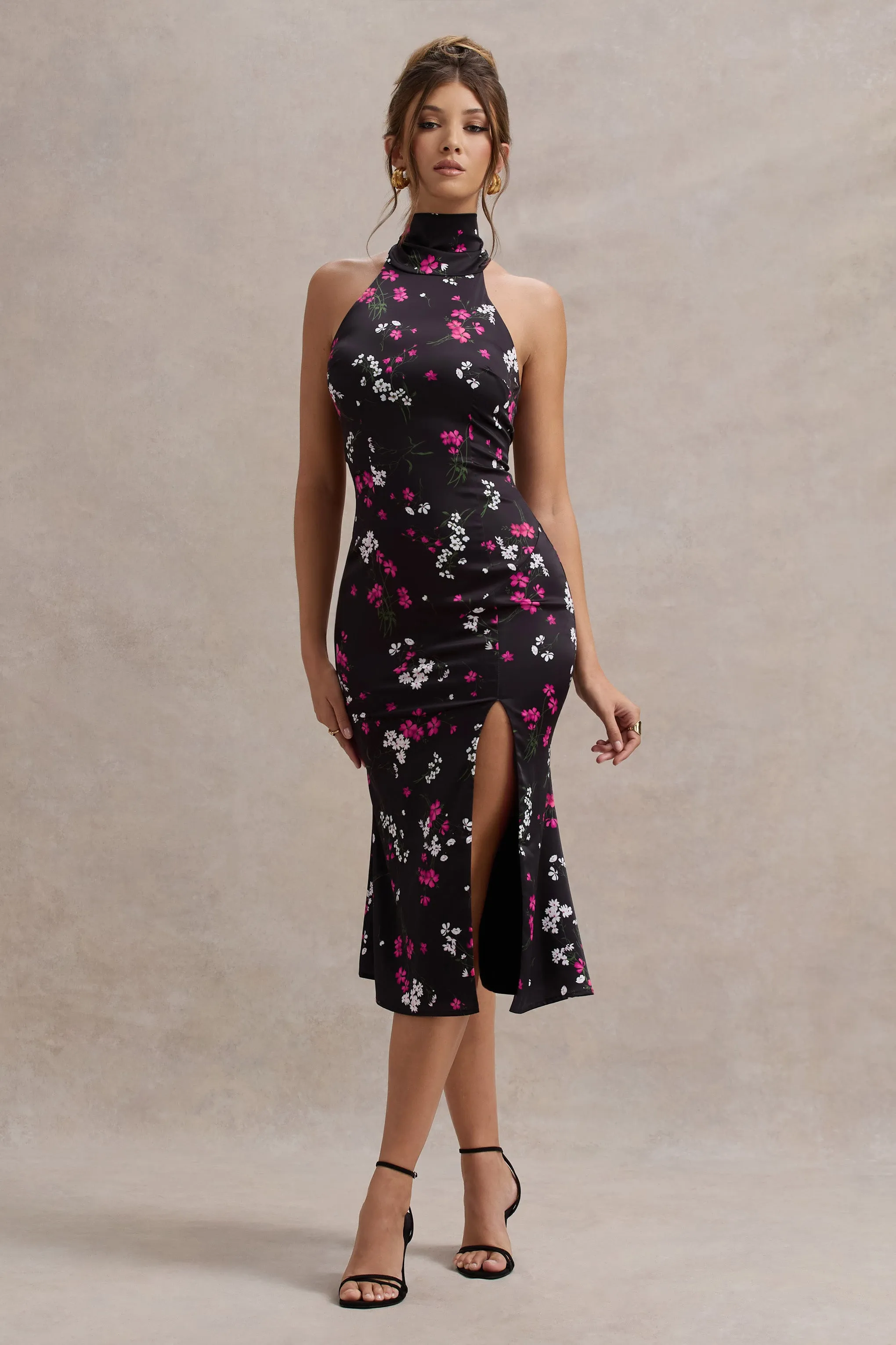 Violette | Purple Ditsy Floral Print Satin High-Neck Split Midi Dress Club L London
