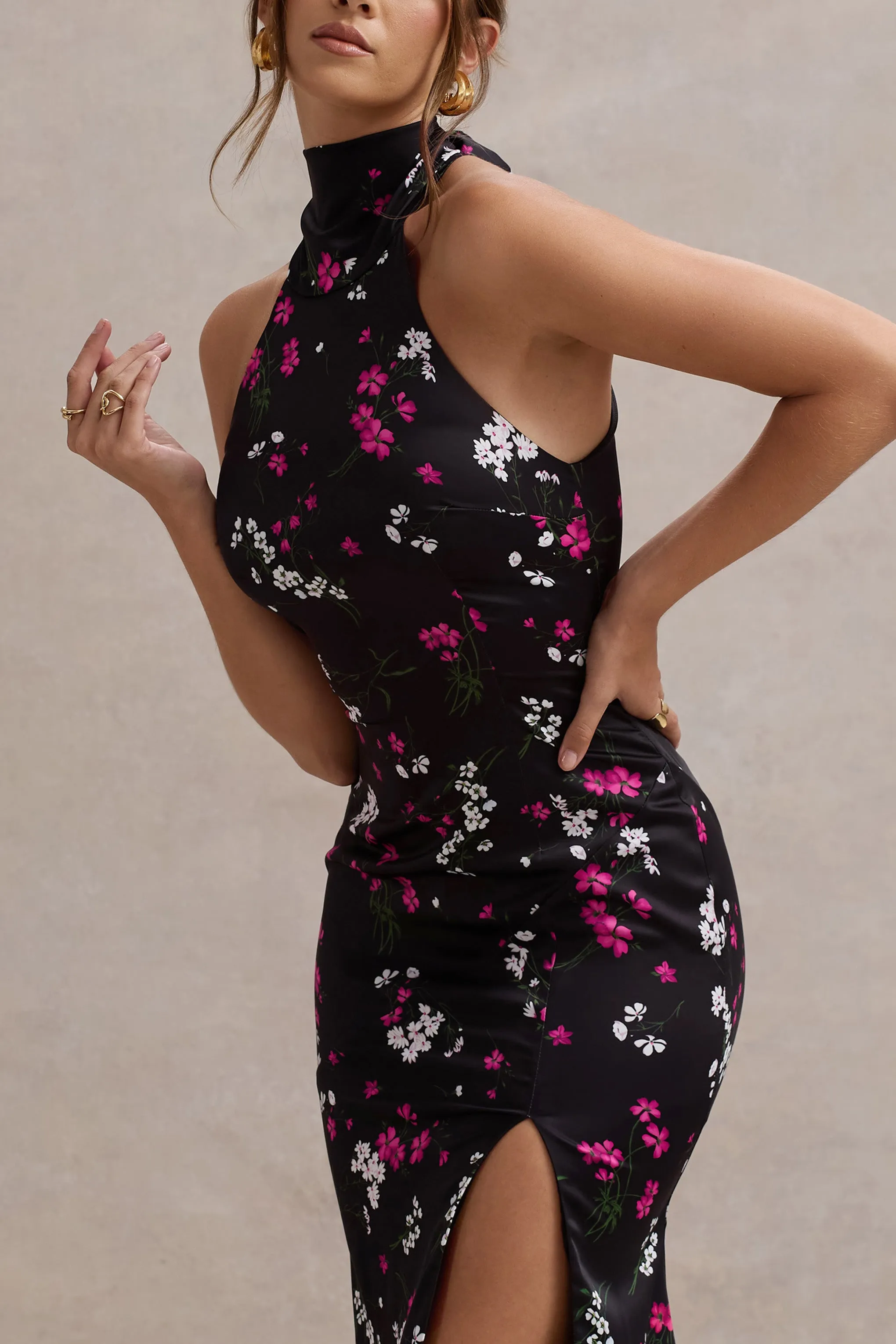 Violette | Purple Ditsy Floral Print Satin High-Neck Split Midi Dress Club L London