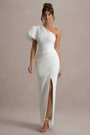 Vittoria | White Asymmetric Puff-Sleeve Split Maxi Dress Club L London
