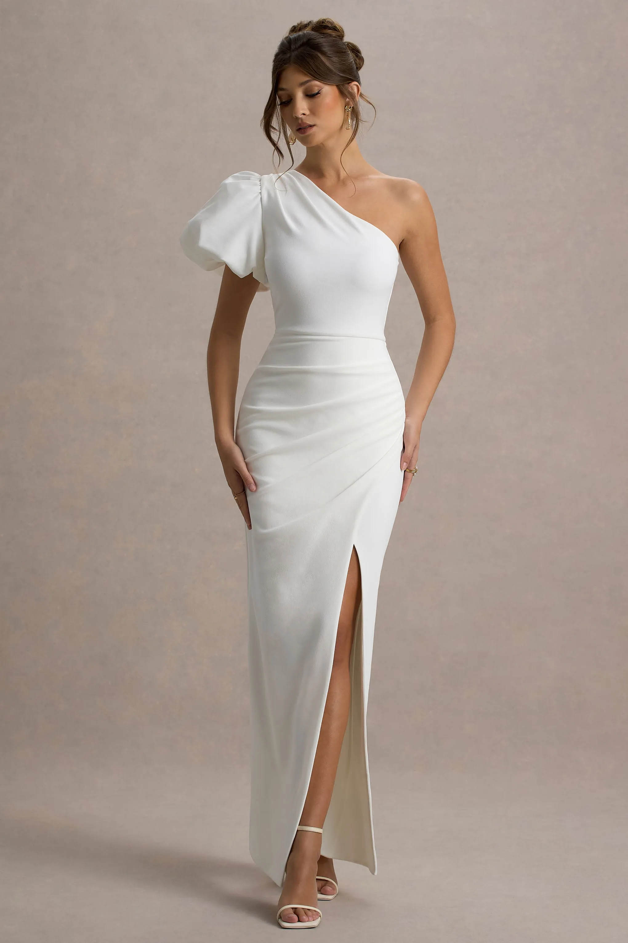 Vittoria | White Asymmetric Puff-Sleeve Split Maxi Dress Club L London