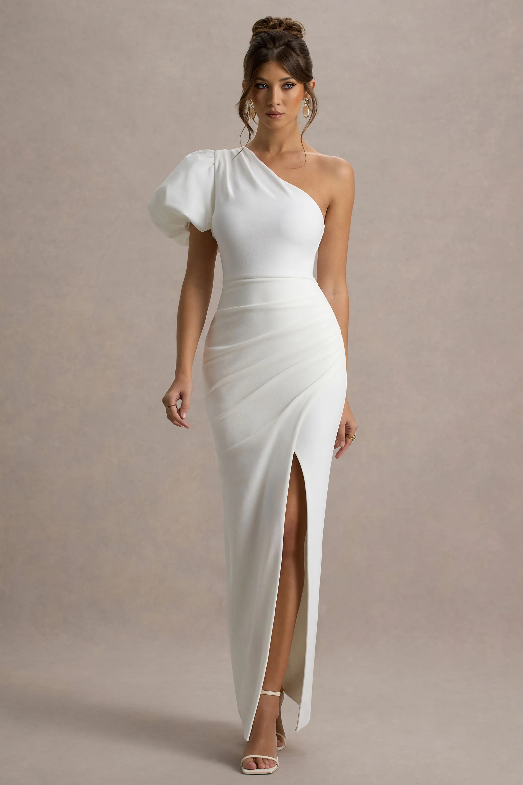Vittoria | White Asymmetric Puff-Sleeve Split Maxi Dress Club L London