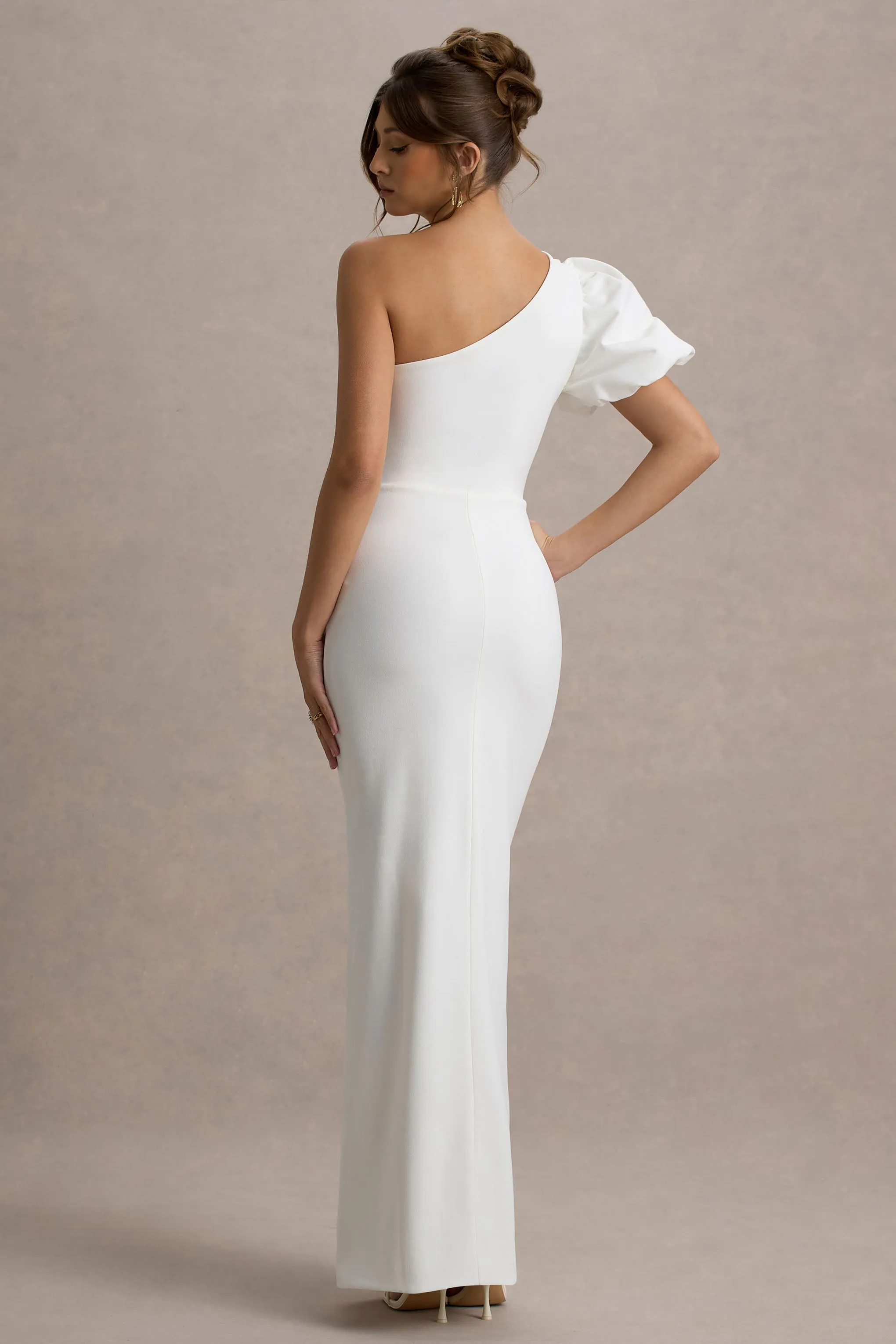 Vittoria | White Asymmetric Puff-Sleeve Split Maxi Dress Club L London