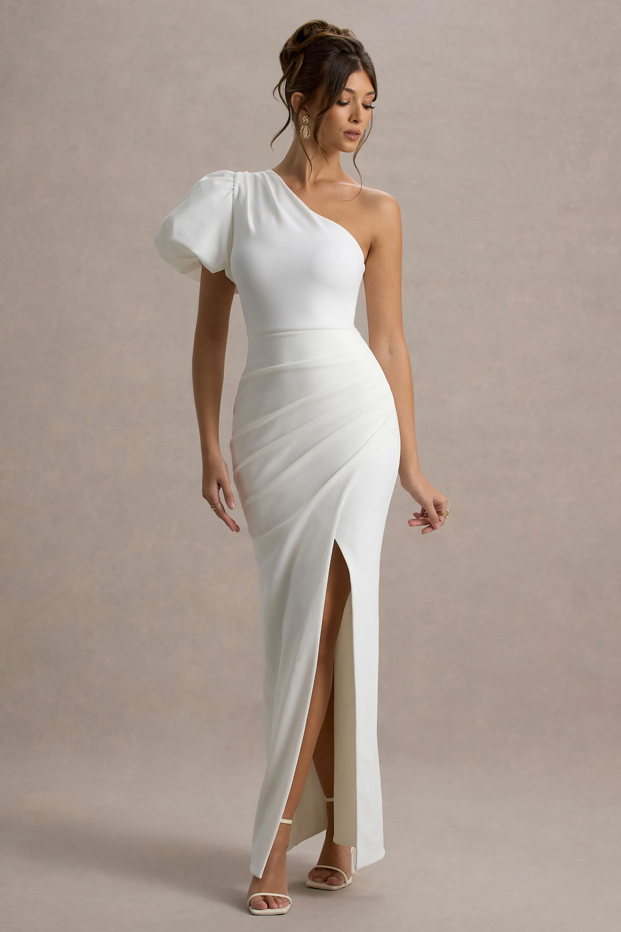 Vittoria | White Asymmetric Puff-Sleeve Split Maxi Dress Club L London