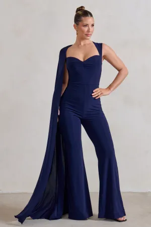 Vivi | Navy Asymmetric Cape Sleeve Jumpsuit Club L London