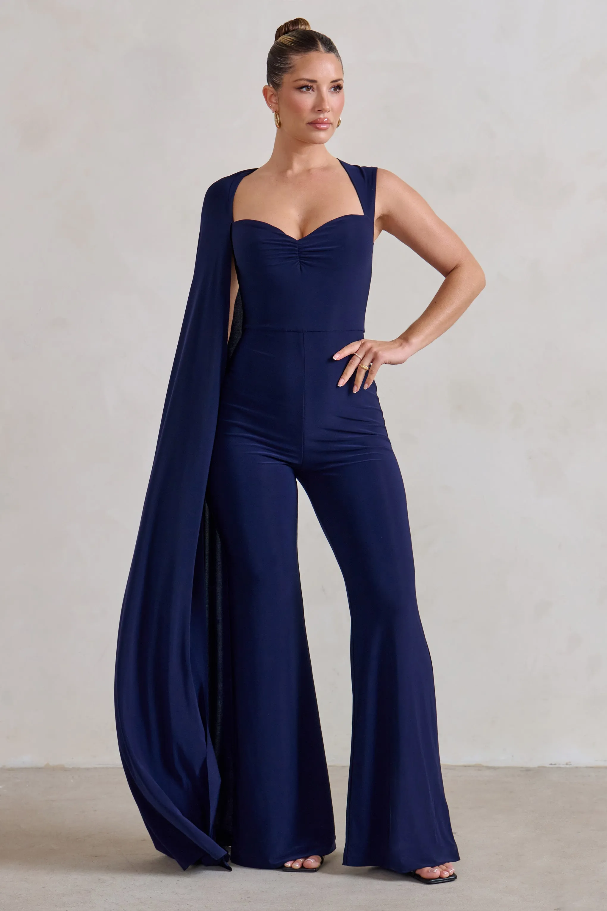 Vivi | Navy Asymmetric Cape Sleeve Jumpsuit Club L London