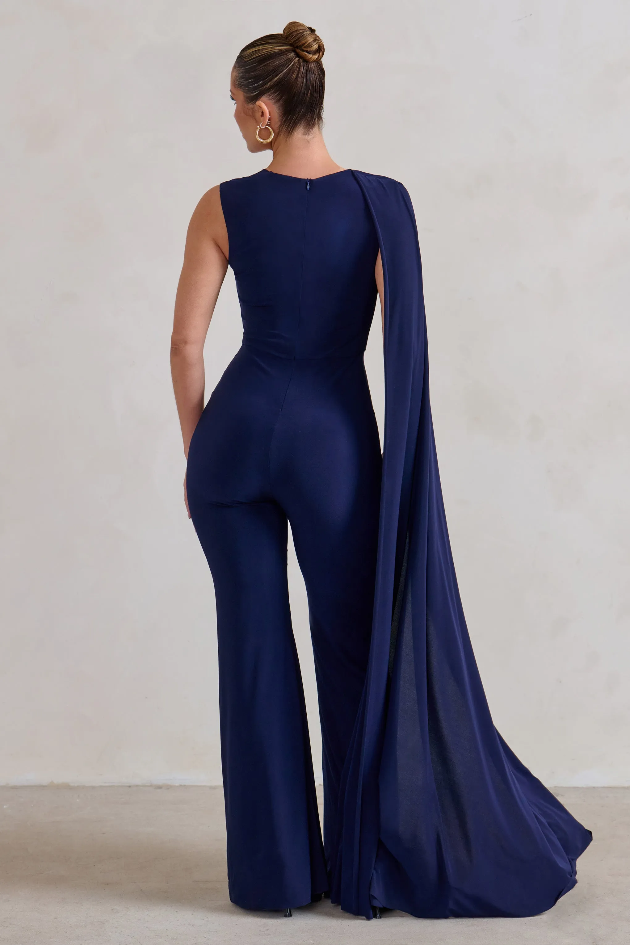 Vivi | Navy Asymmetric Cape Sleeve Jumpsuit Club L London