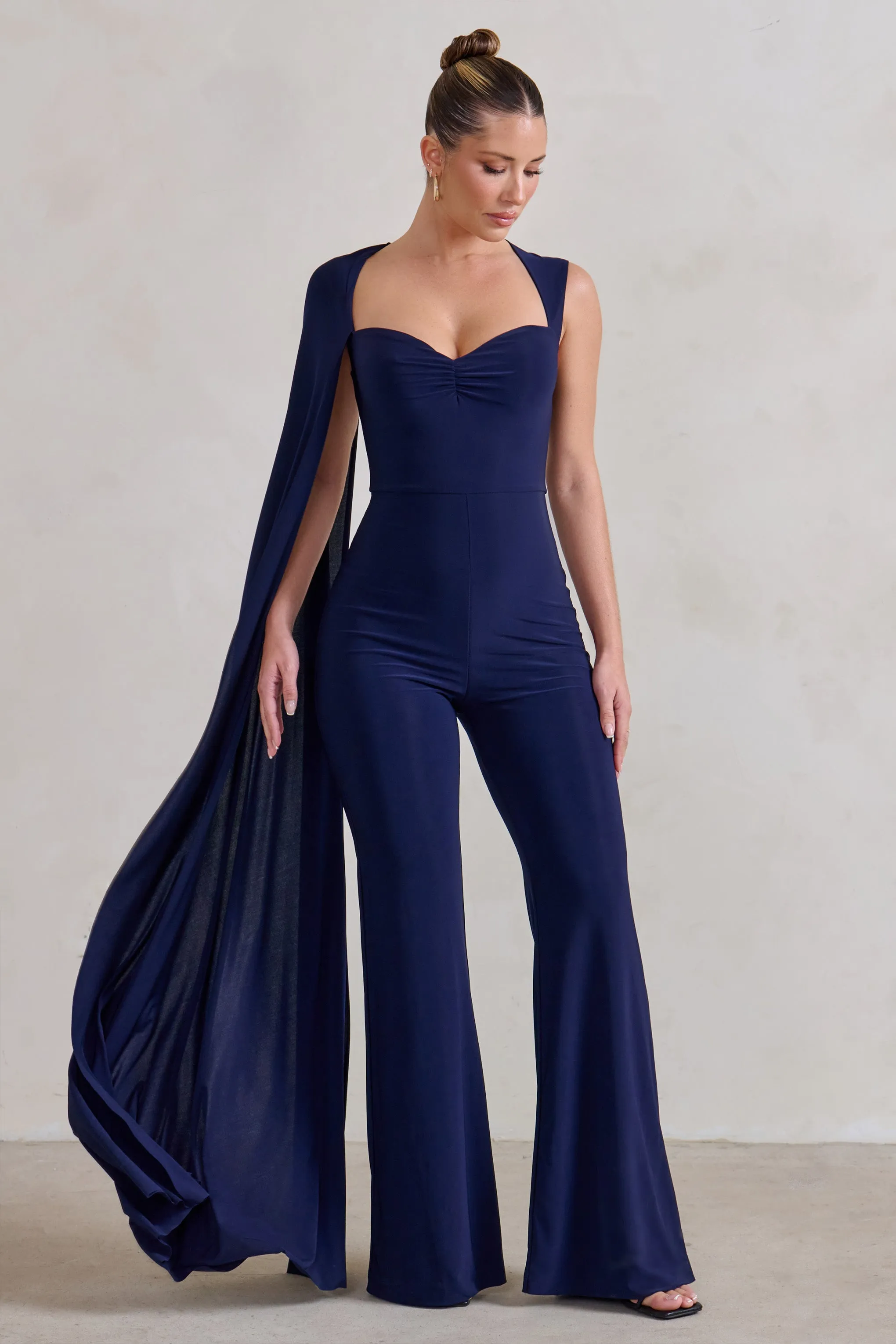 Vivi | Navy Asymmetric Cape Sleeve Jumpsuit Club L London