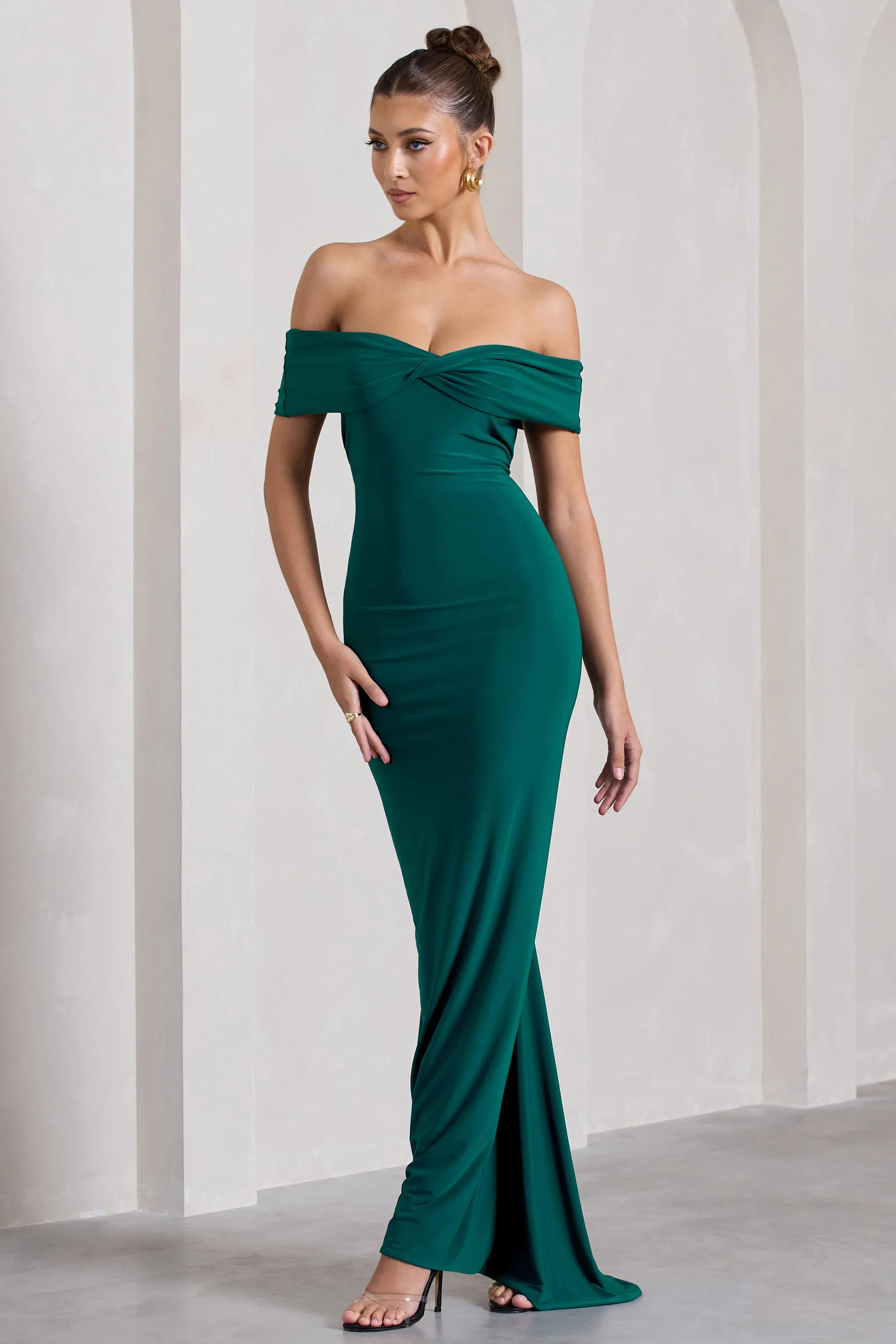 Vivienne | Bottle Green Bardot Open-Back Maxi Dress Club L London