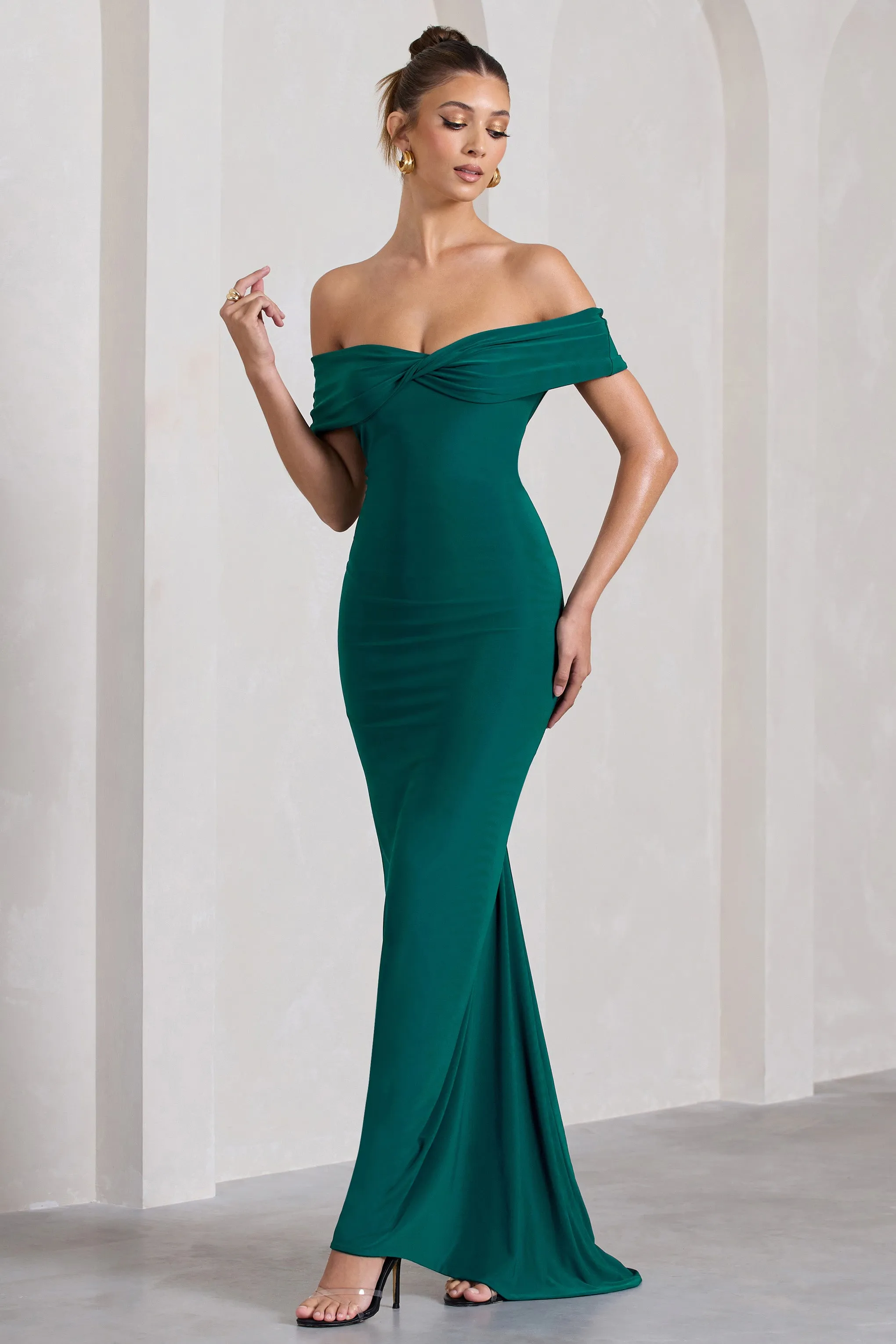 Vivienne | Bottle Green Bardot Open-Back Maxi Dress Club L London