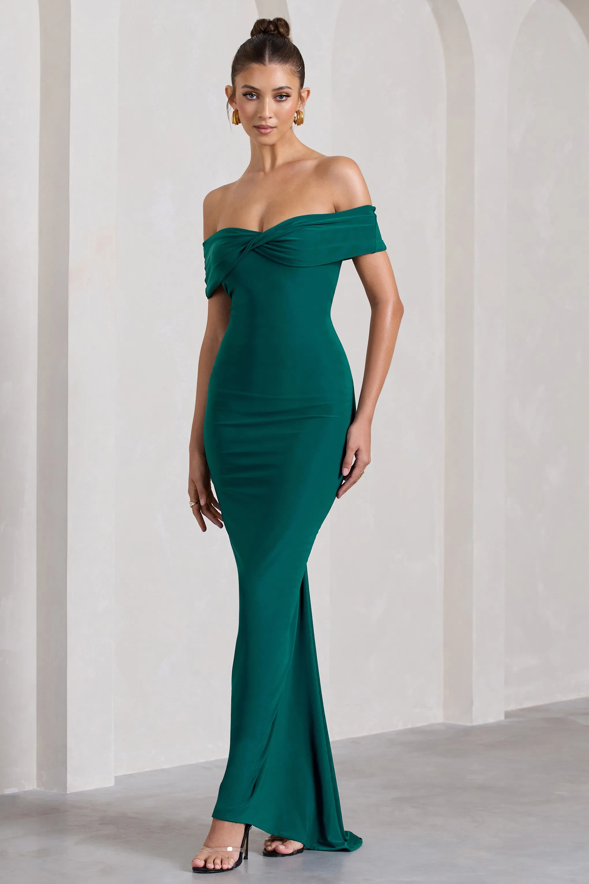 Vivienne | Bottle Green Bardot Open-Back Maxi Dress Club L London