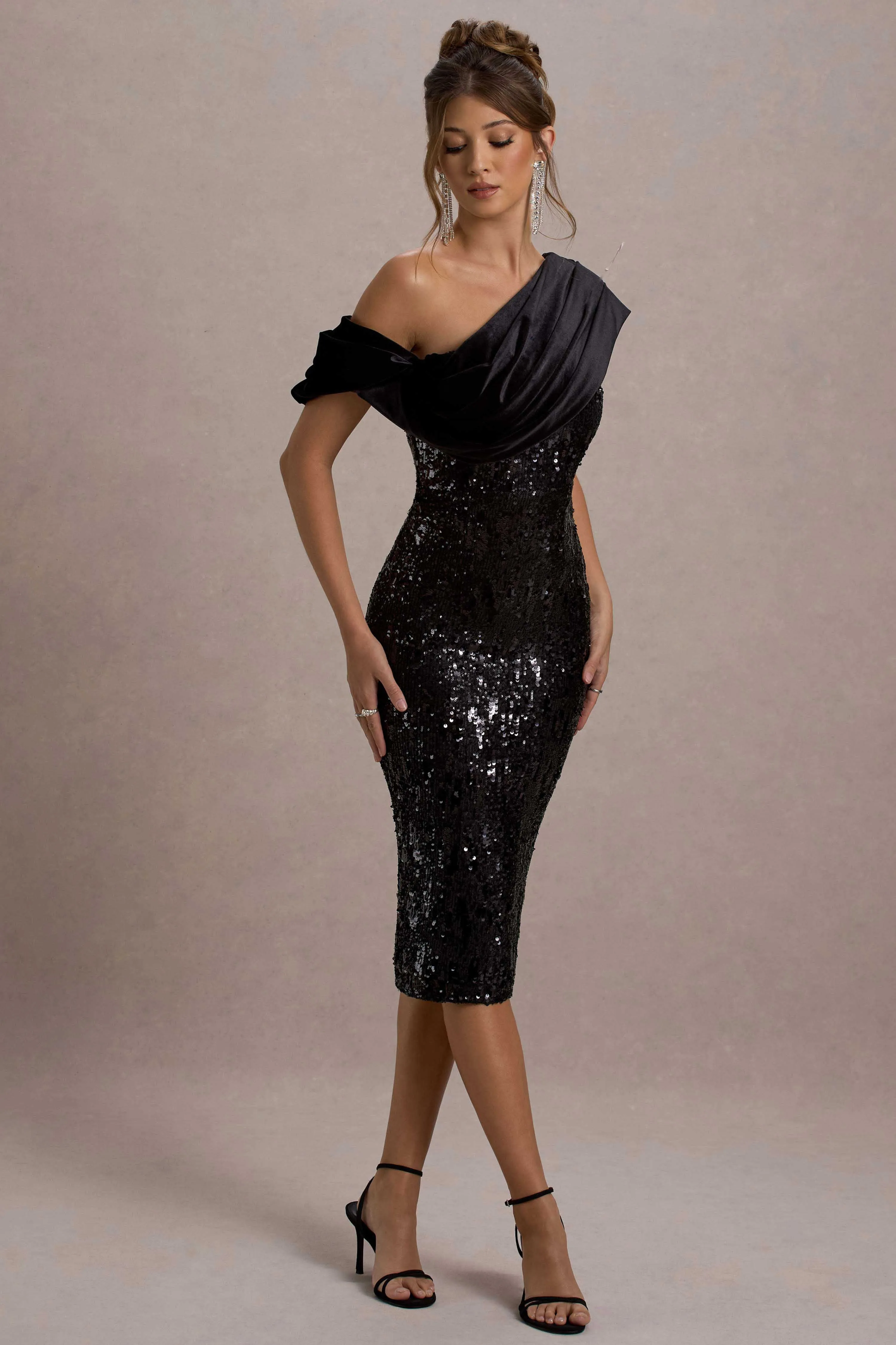 Volute | Black Sequin One-Shoulder Draped Midi Dress Club L London