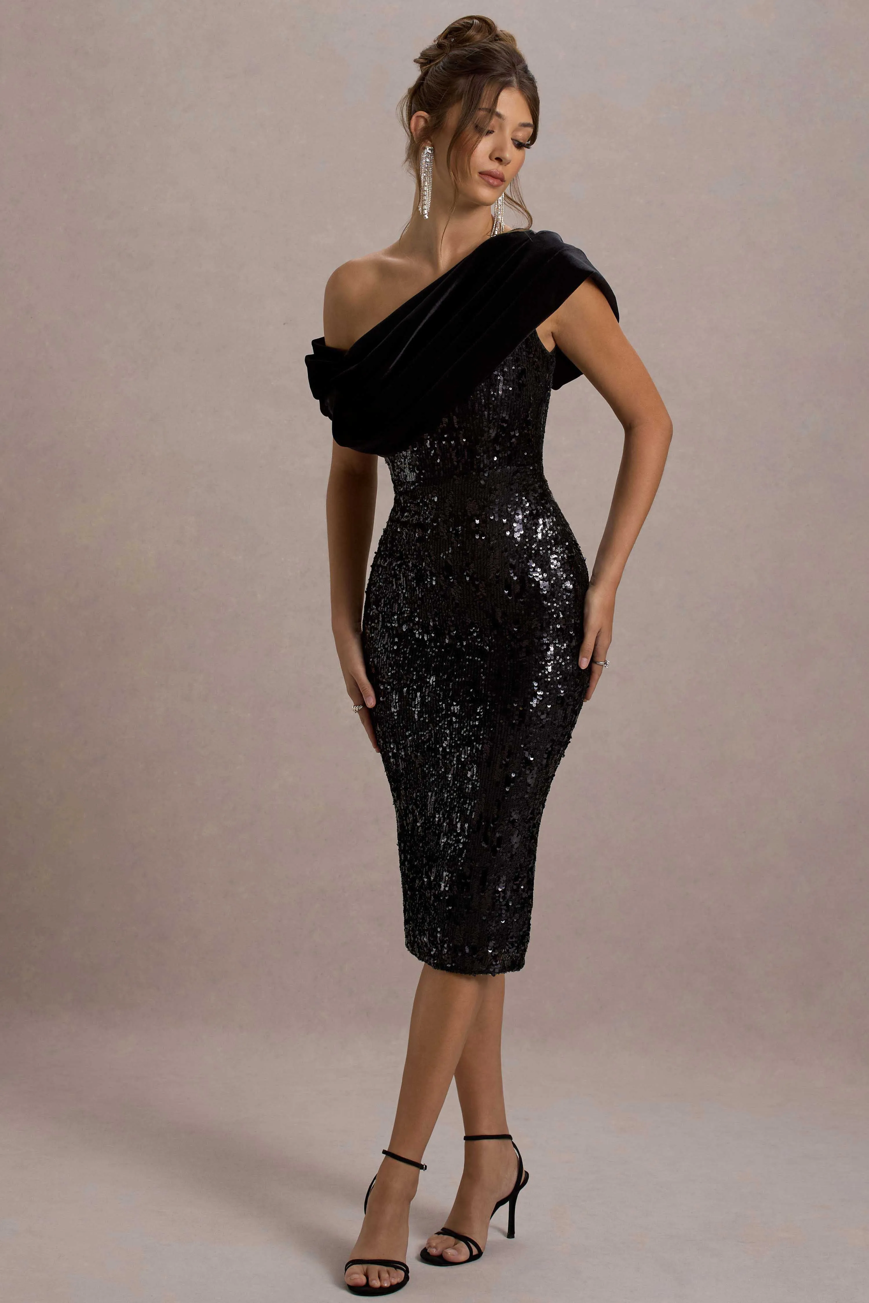 Volute | Black Sequin One-Shoulder Draped Midi Dress Club L London