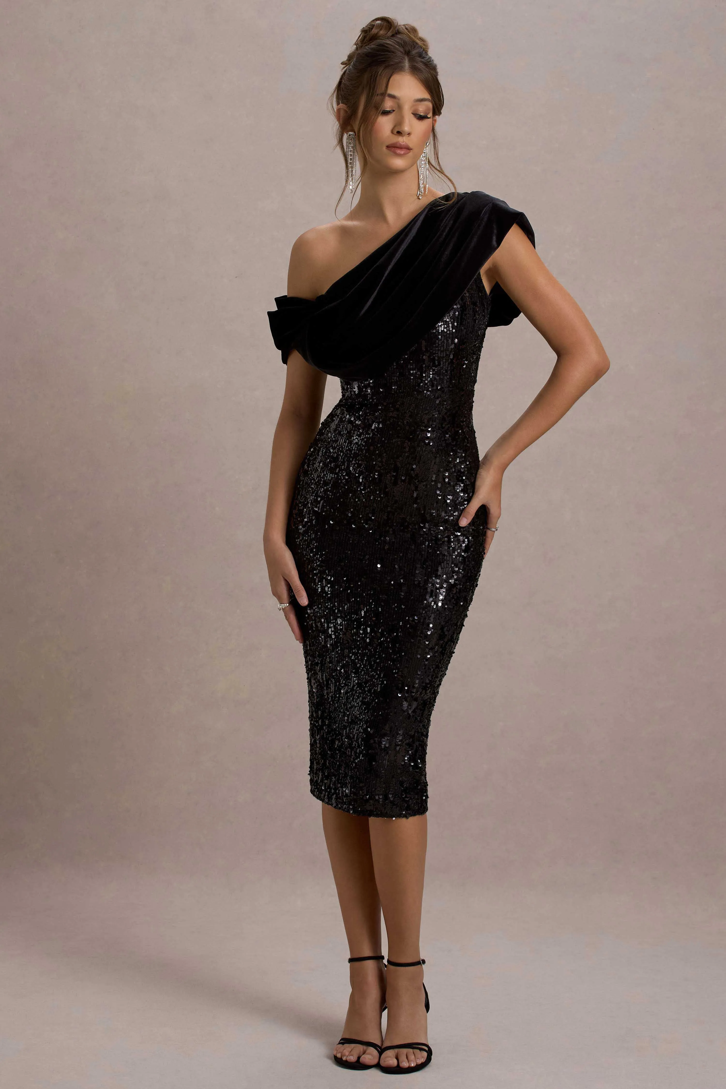 Volute | Black Sequin One-Shoulder Draped Midi Dress Club L London