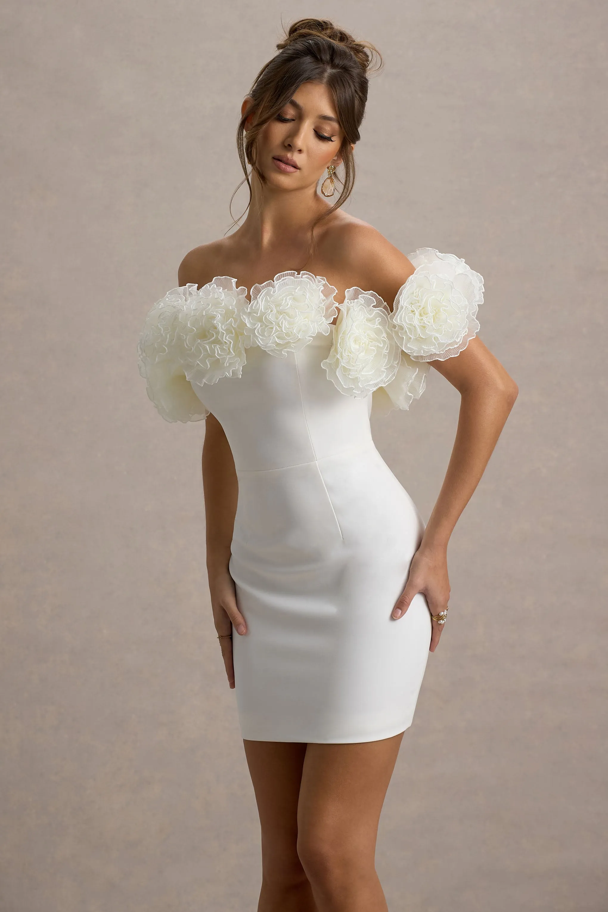 Von | White Bardot Mini Dress With Ruffle Trim Club L London