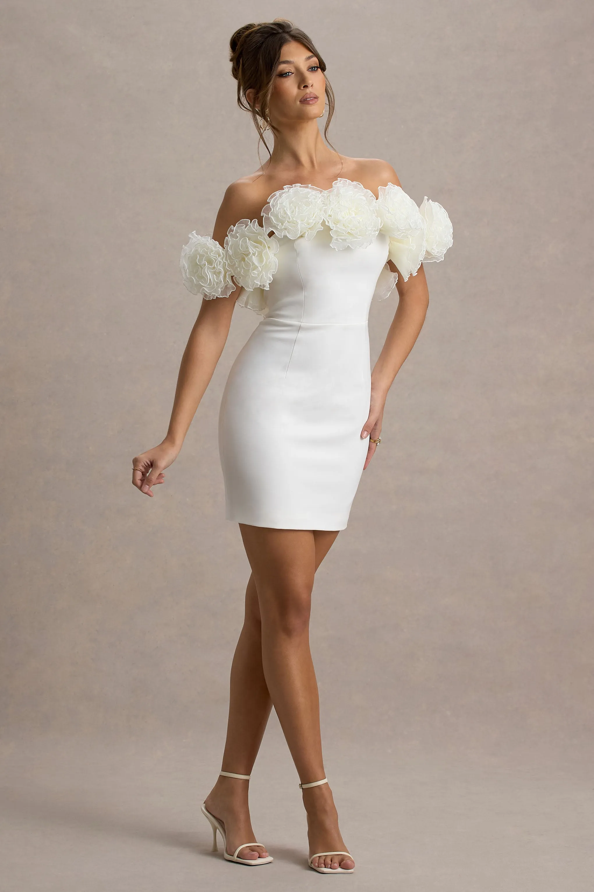 Von | White Bardot Mini Dress With Ruffle Trim Club L London