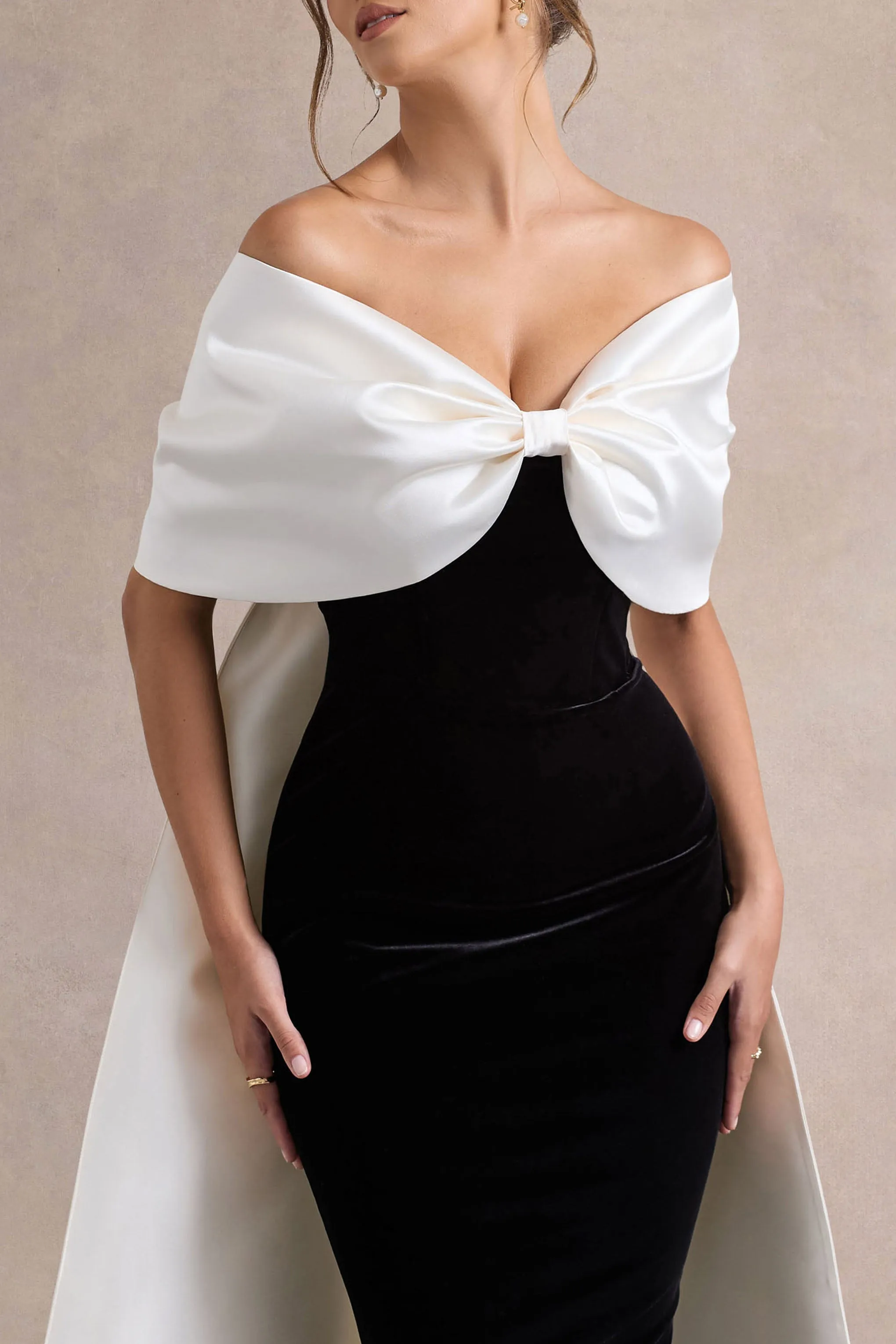 Wanting More | Black & White Satin Cape Maxi Dress With Oversized Bow Club L London