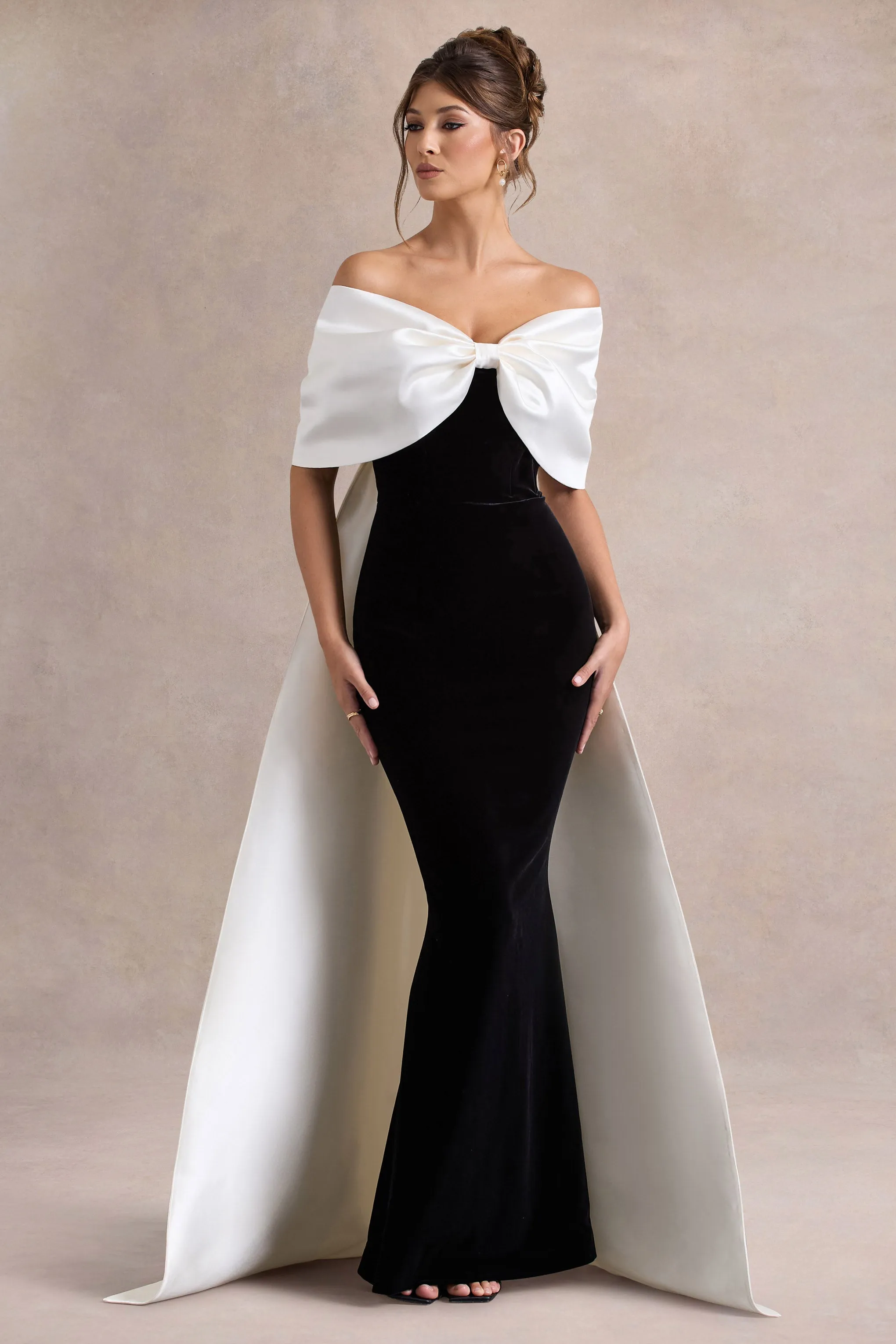 Wanting More | Black & White Satin Cape Maxi Dress With Oversized Bow Club L London