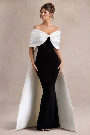 Wanting More | Black & White Satin Cape Maxi Dress With Oversized Bow Club L London