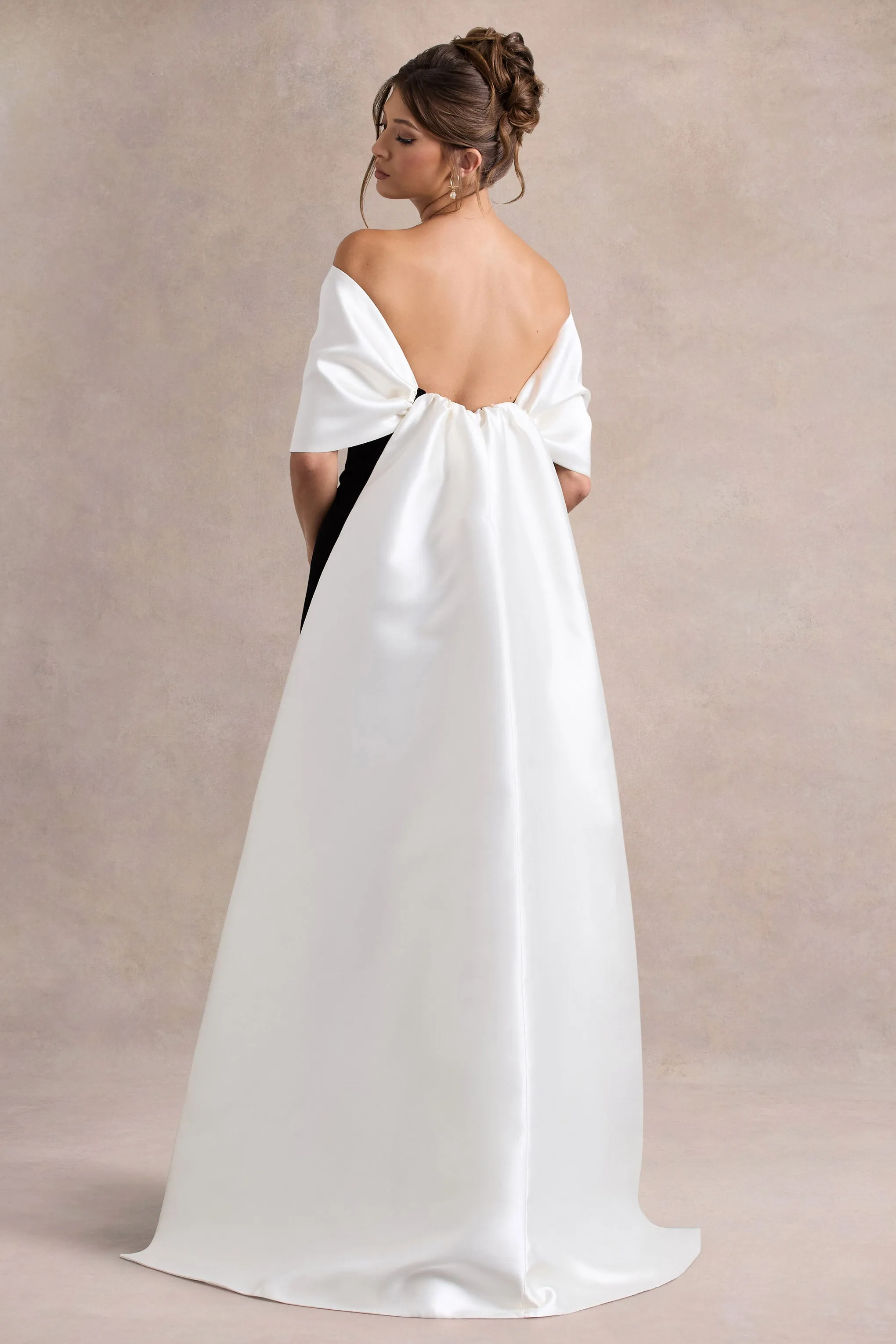 Wanting More | Black & White Satin Cape Maxi Dress With Oversized Bow Club L London