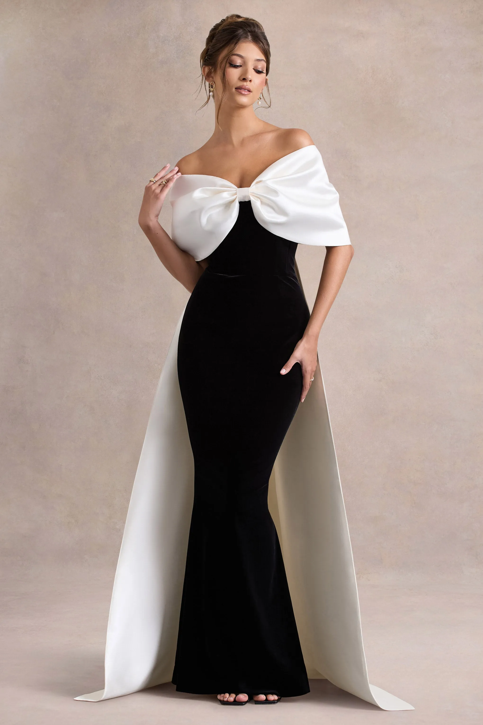 Wanting More | Black & White Satin Cape Maxi Dress With Oversized Bow Club L London