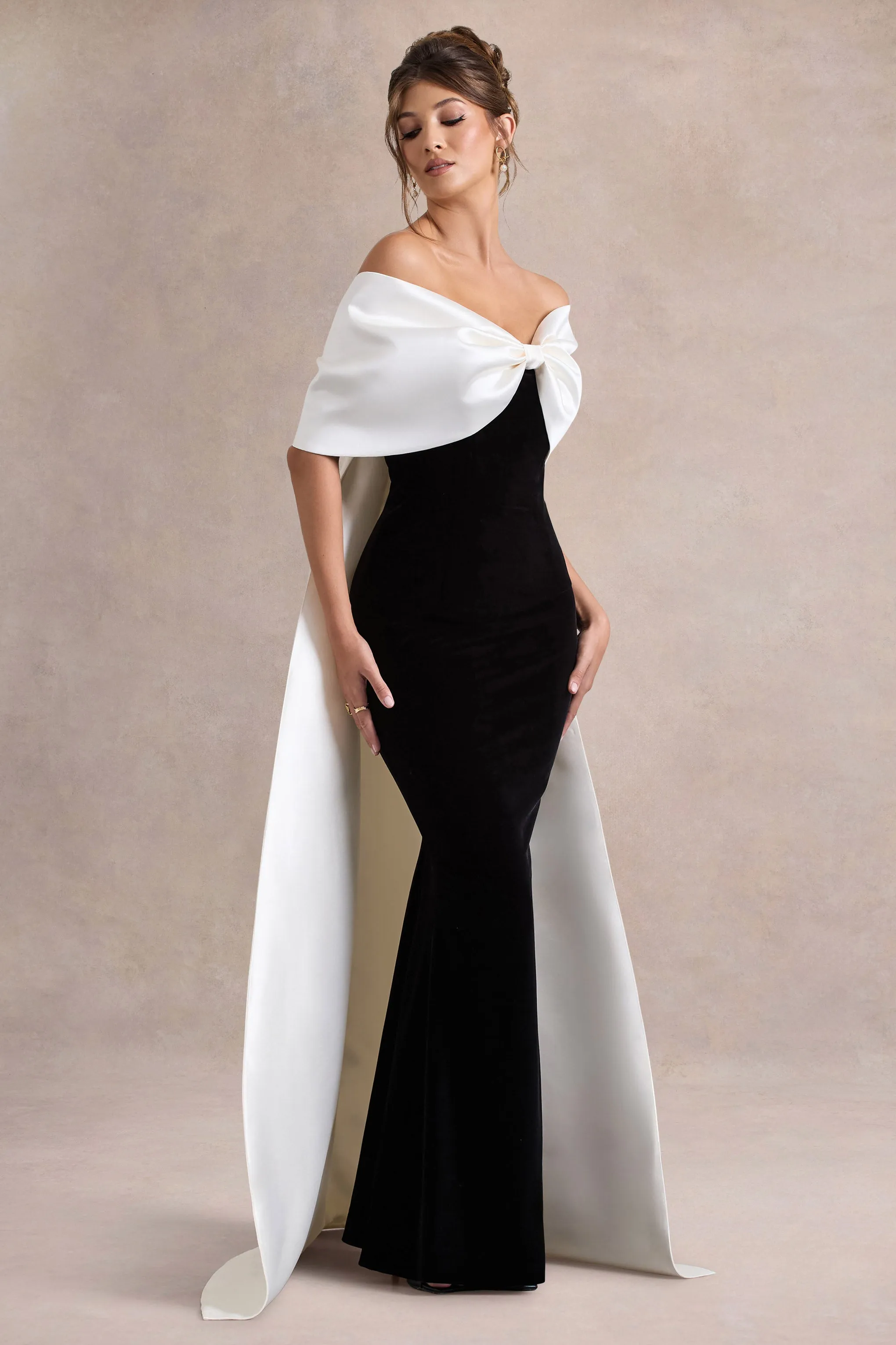 Wanting More | Black & White Satin Cape Maxi Dress With Oversized Bow Club L London
