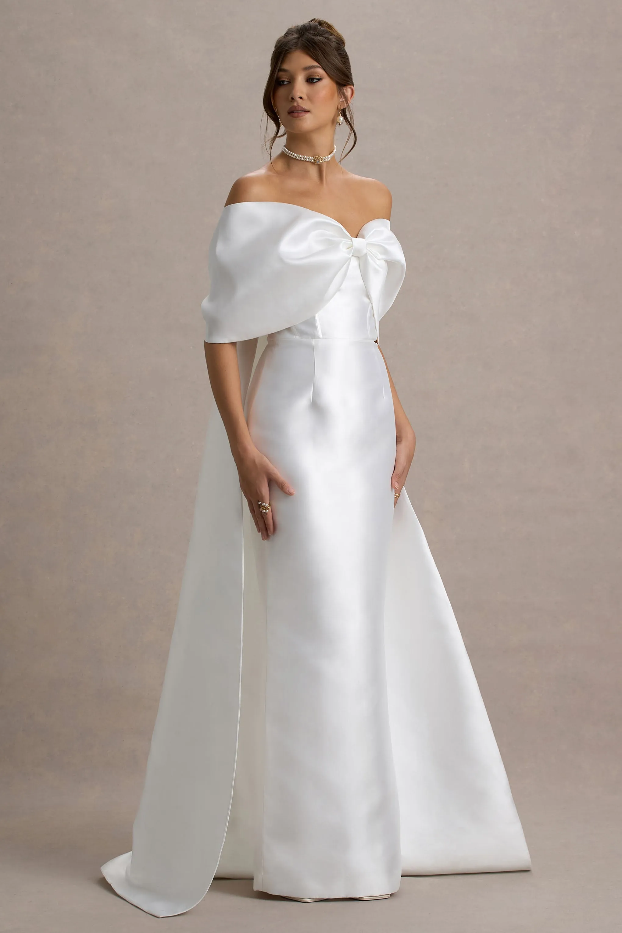 Wanting More | Off White Satin Cape Maxi Dress With Oversized Bow Club L London