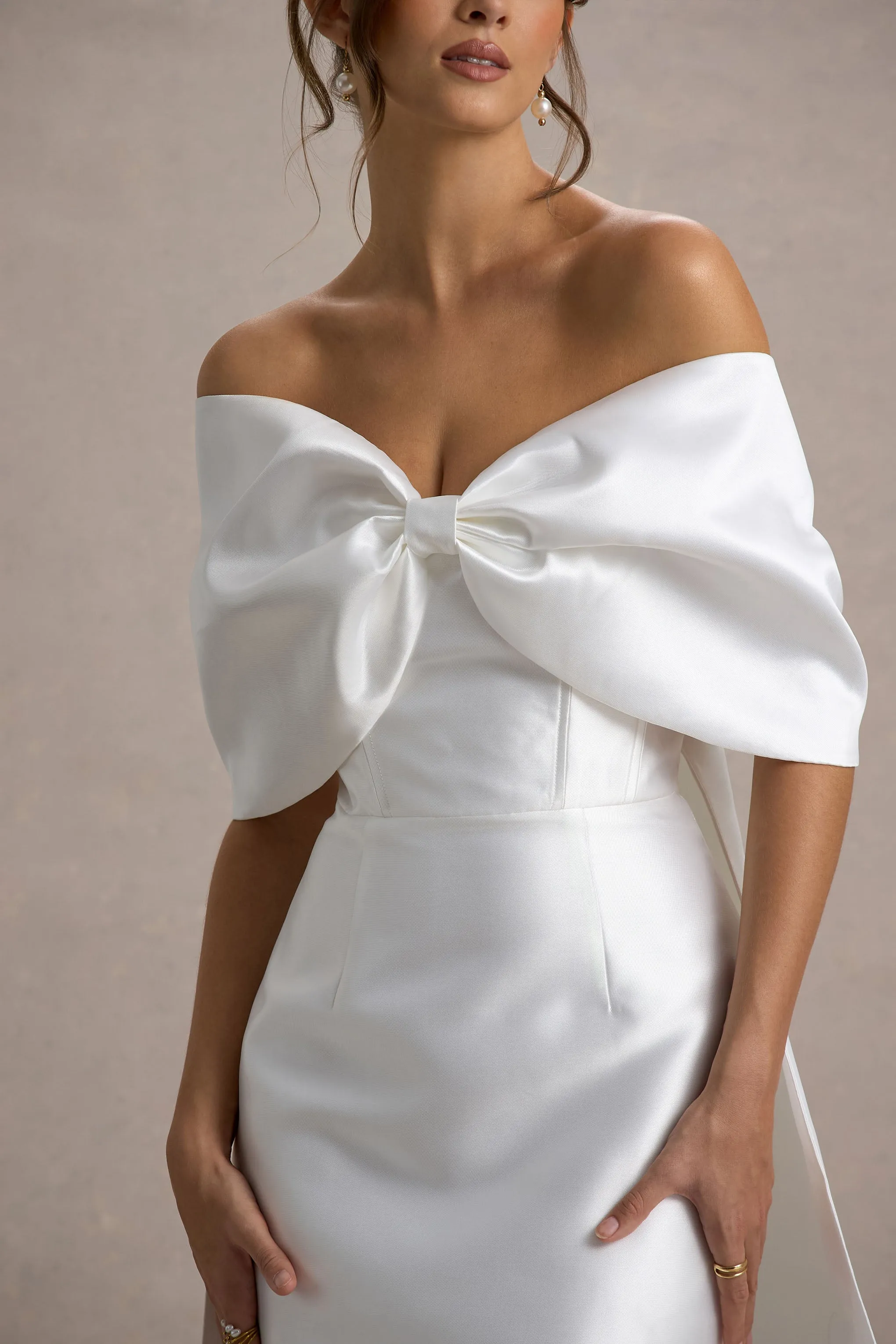 Wanting More | Off White Satin Cape Maxi Dress With Oversized Bow Club L London