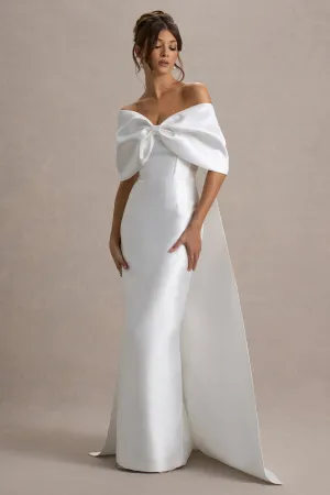 Wanting More | Off White Satin Cape Maxi Dress With Oversized Bow Club L London