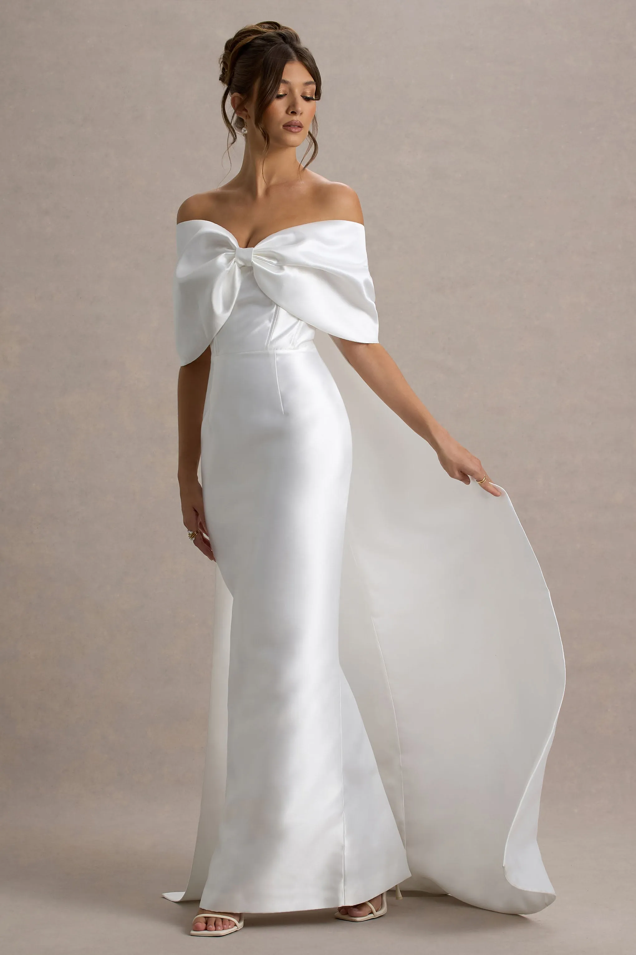 Wanting More | Off White Satin Cape Maxi Dress With Oversized Bow Club L London