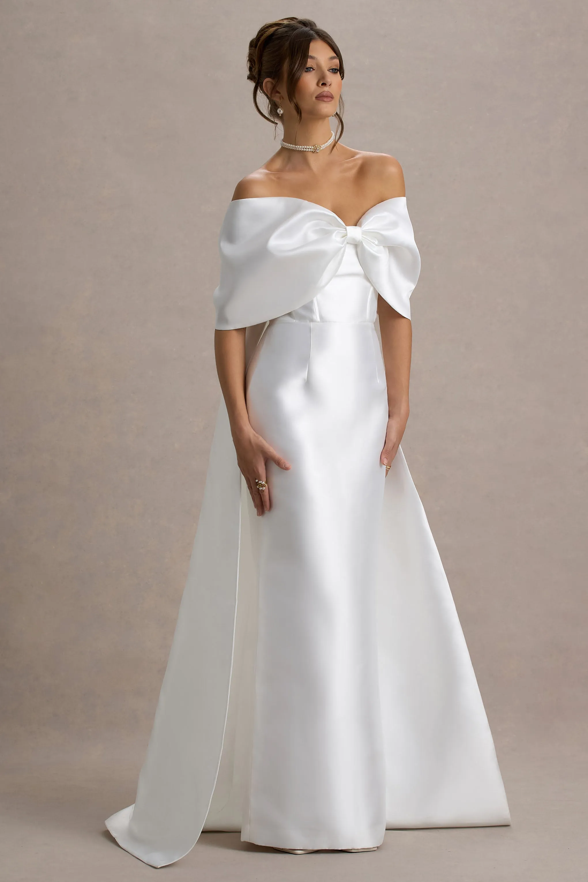 Wanting More | Off White Satin Cape Maxi Dress With Oversized Bow Club L London
