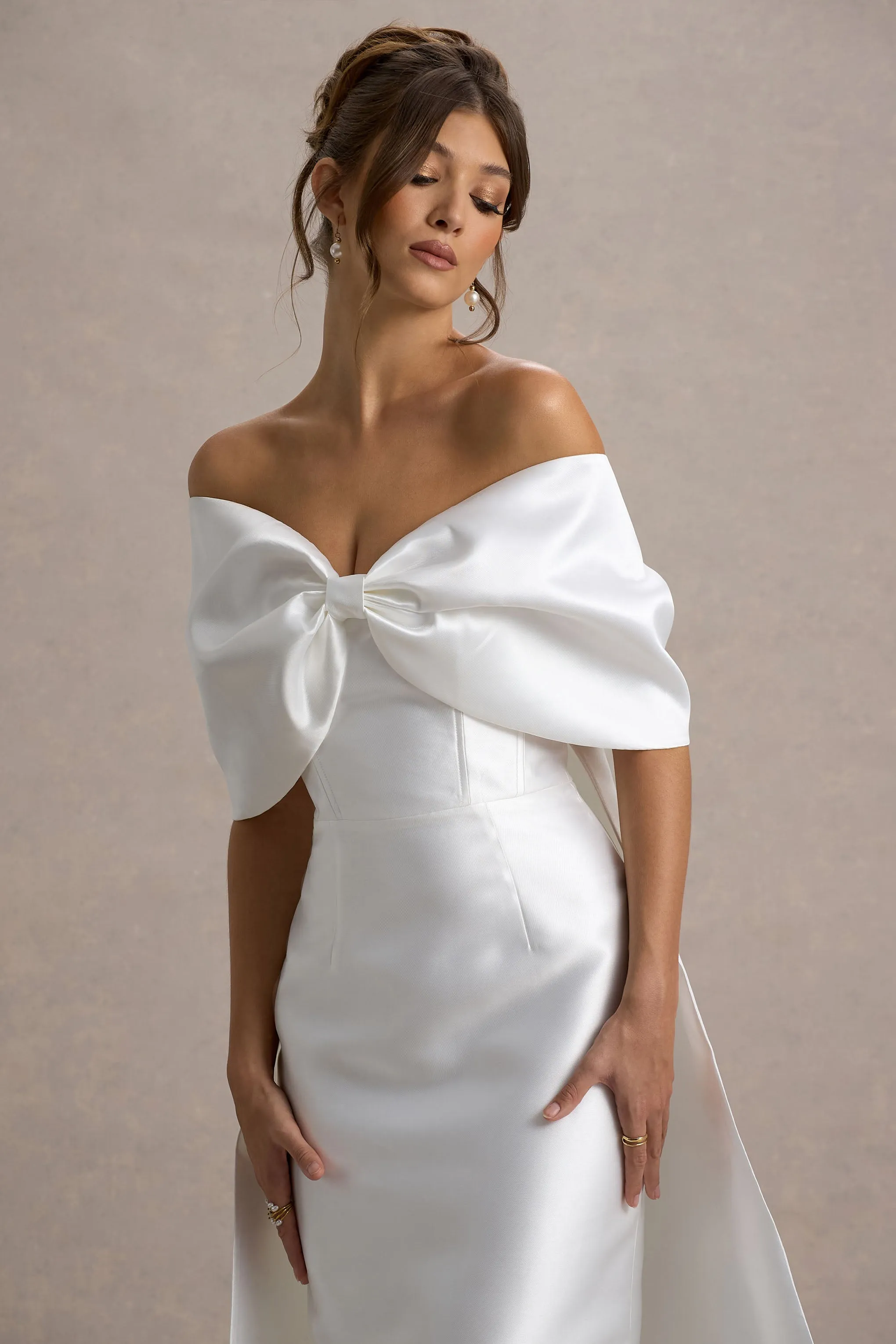 Wanting More | Off White Satin Cape Maxi Dress With Oversized Bow Club L London