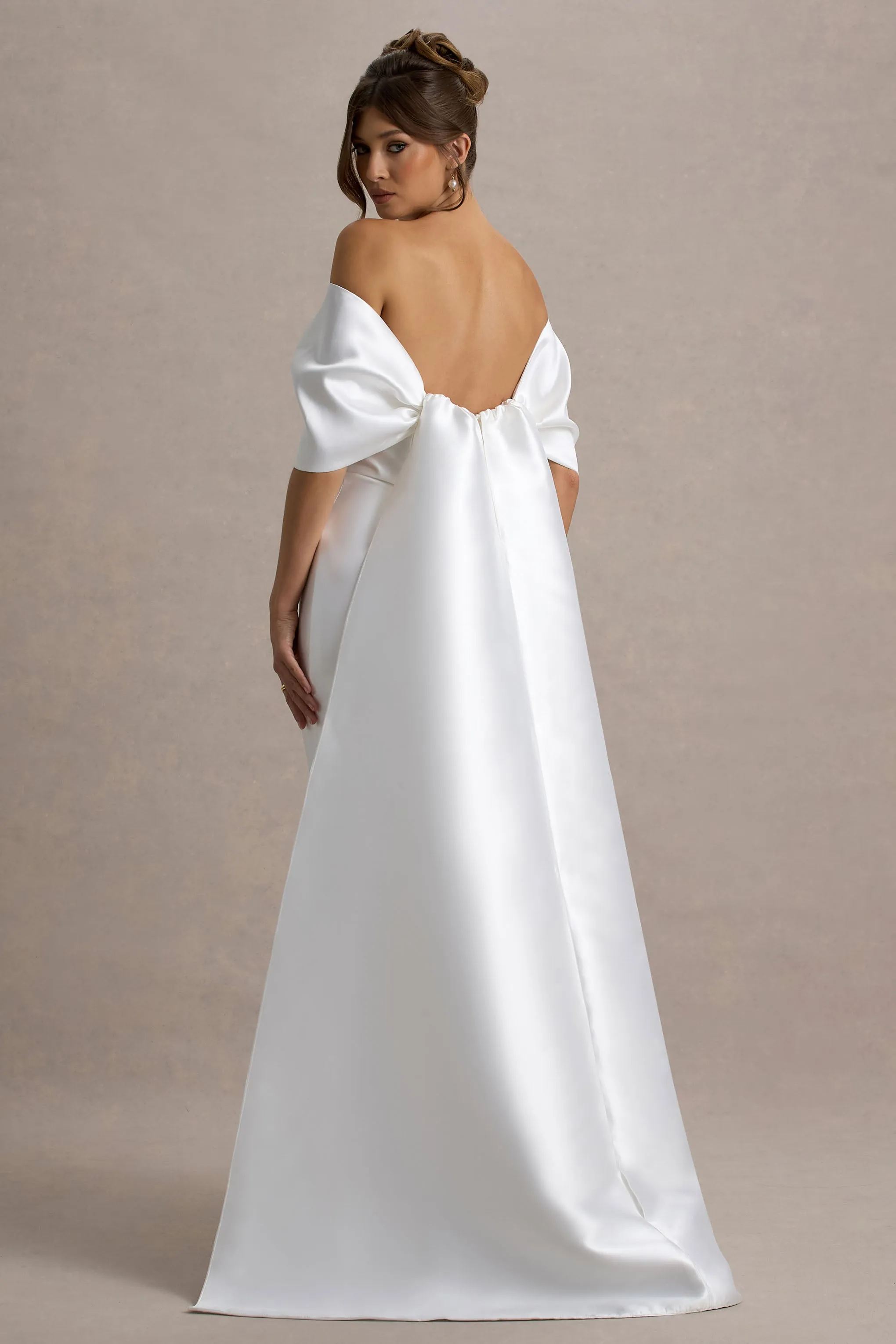 Wanting More | Off White Satin Cape Maxi Dress With Oversized Bow Club L London
