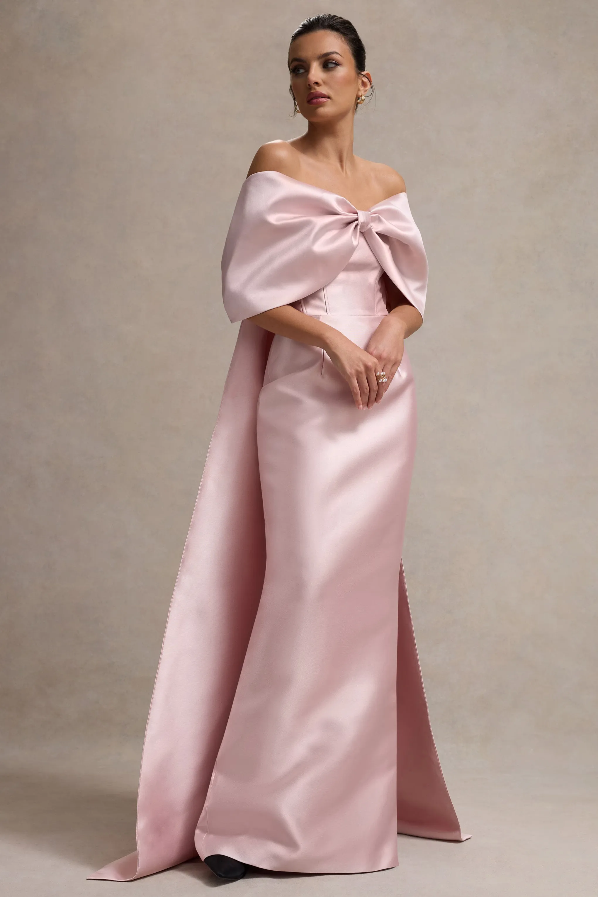 Wanting More | Pink Satin Cape Maxi Dress With Oversized Bow Club L London
