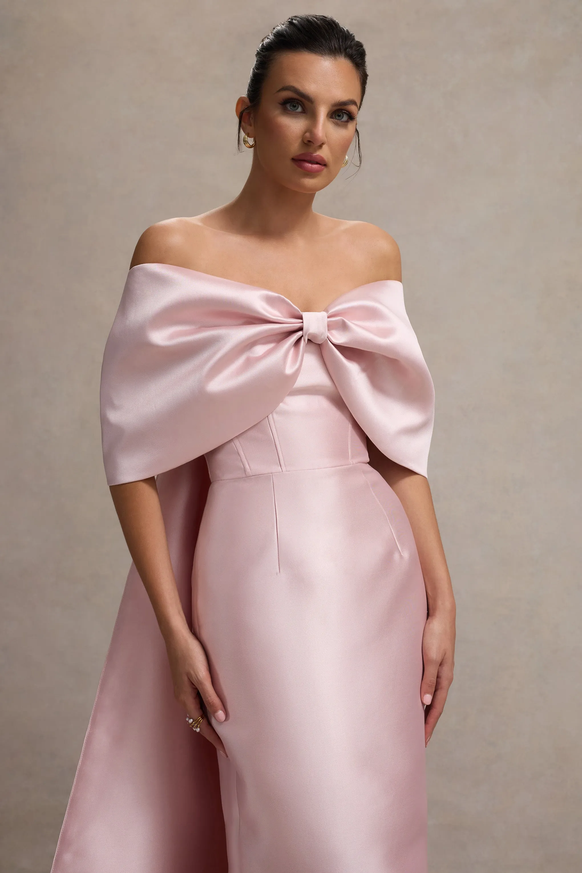 Wanting More | Pink Satin Cape Maxi Dress With Oversized Bow Club L London