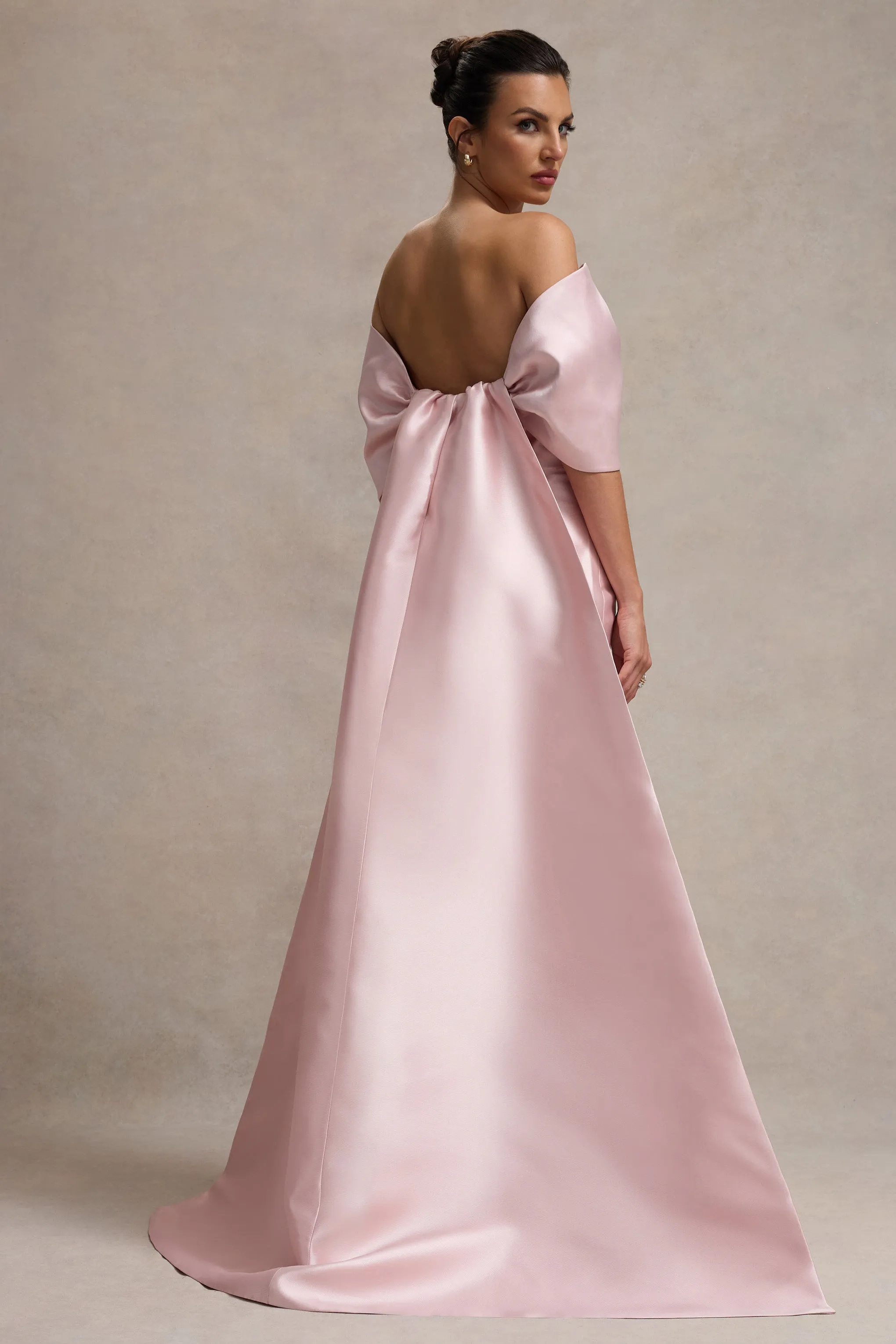 Wanting More | Pink Satin Cape Maxi Dress With Oversized Bow Club L London