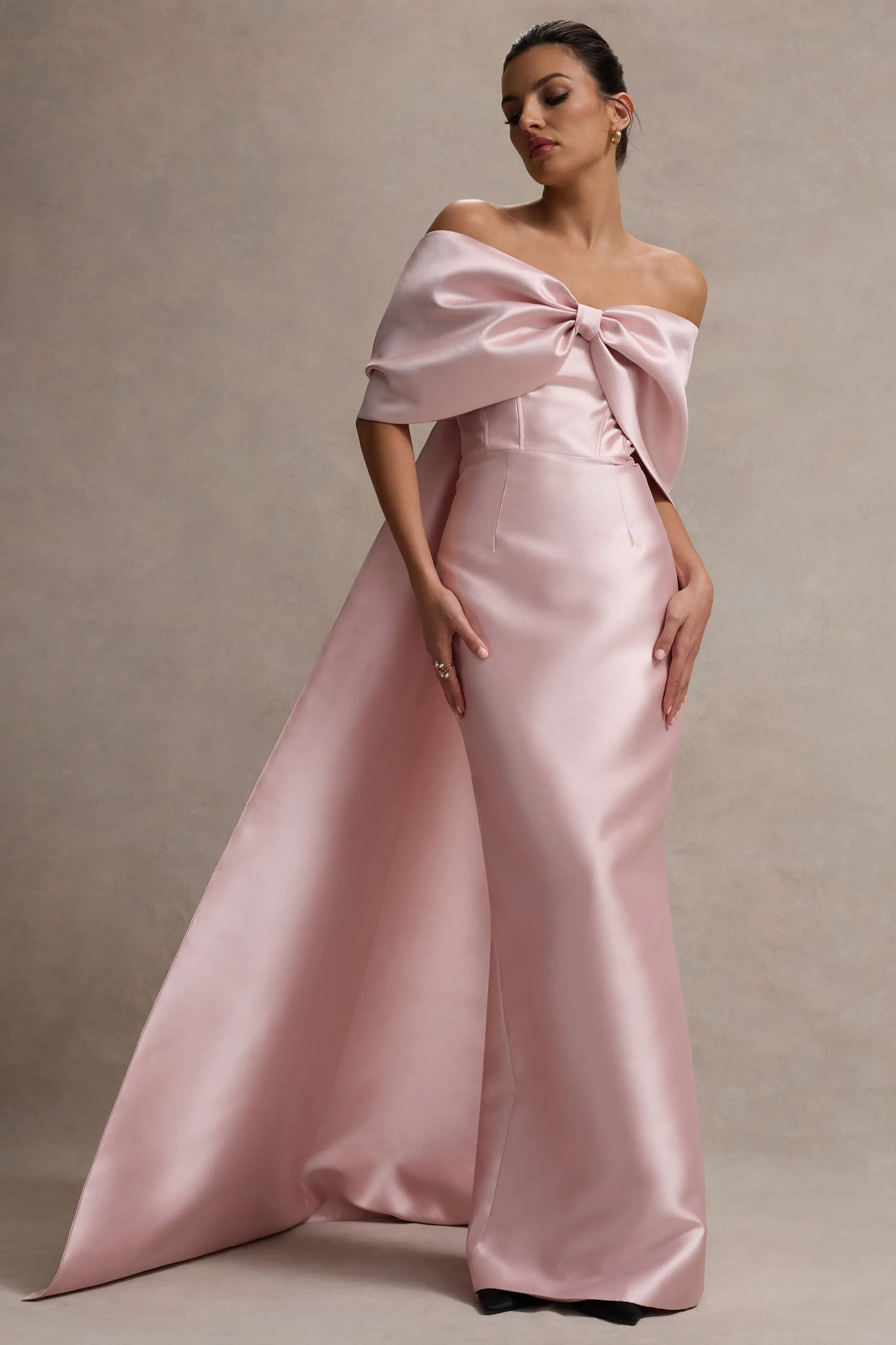 Wanting More | Pink Satin Cape Maxi Dress With Oversized Bow Club L London