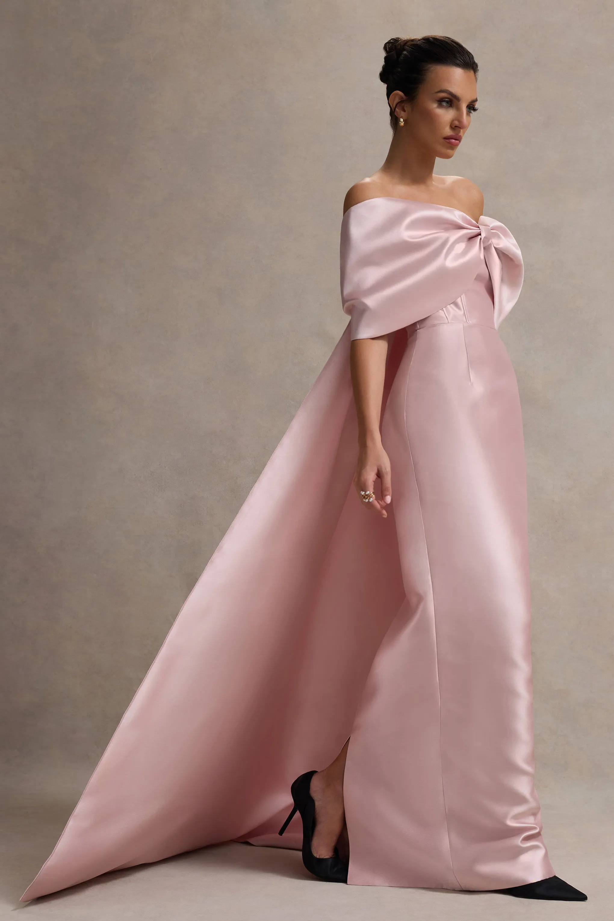 Wanting More | Pink Satin Cape Maxi Dress With Oversized Bow Club L London