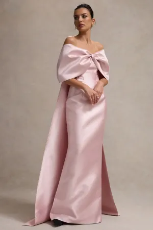 Wanting More | Pink Satin Cape Maxi Dress With Oversized Bow Club L London