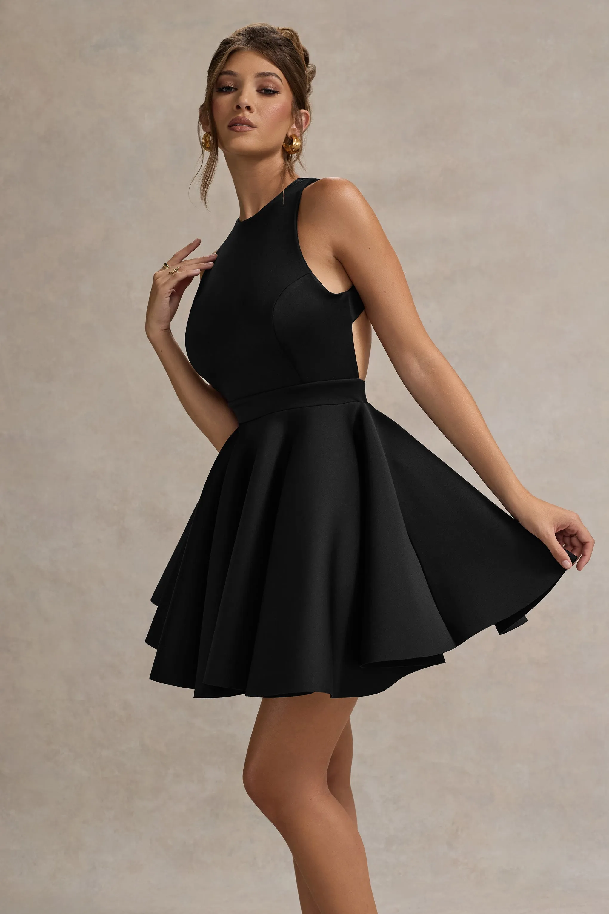 Waverly | Black Racer-Neck Sleeveless Skater Mini Dress Club L London