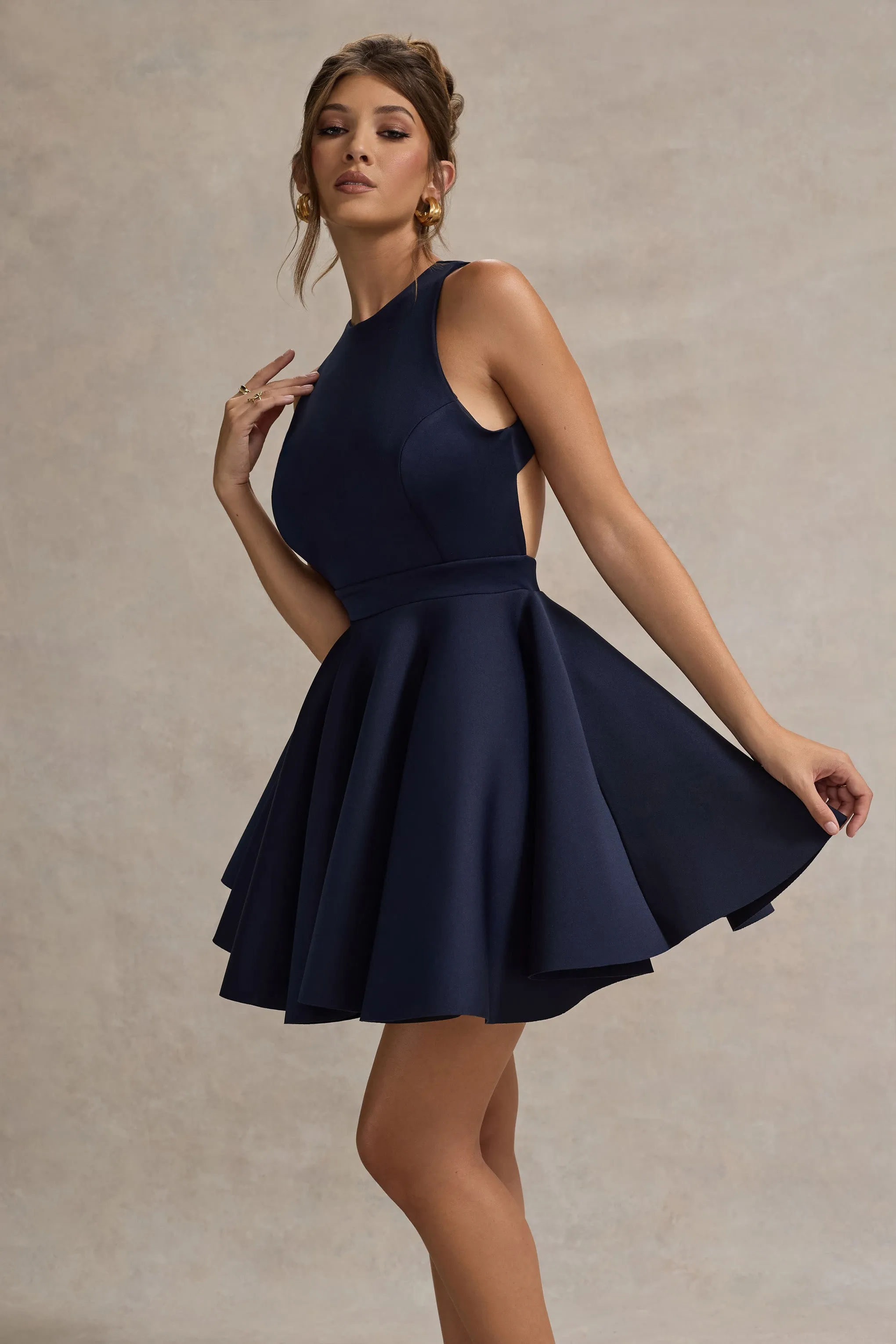 Waverly | Navy Racer-Neck Sleeveless Skater Mini Dress Club L London