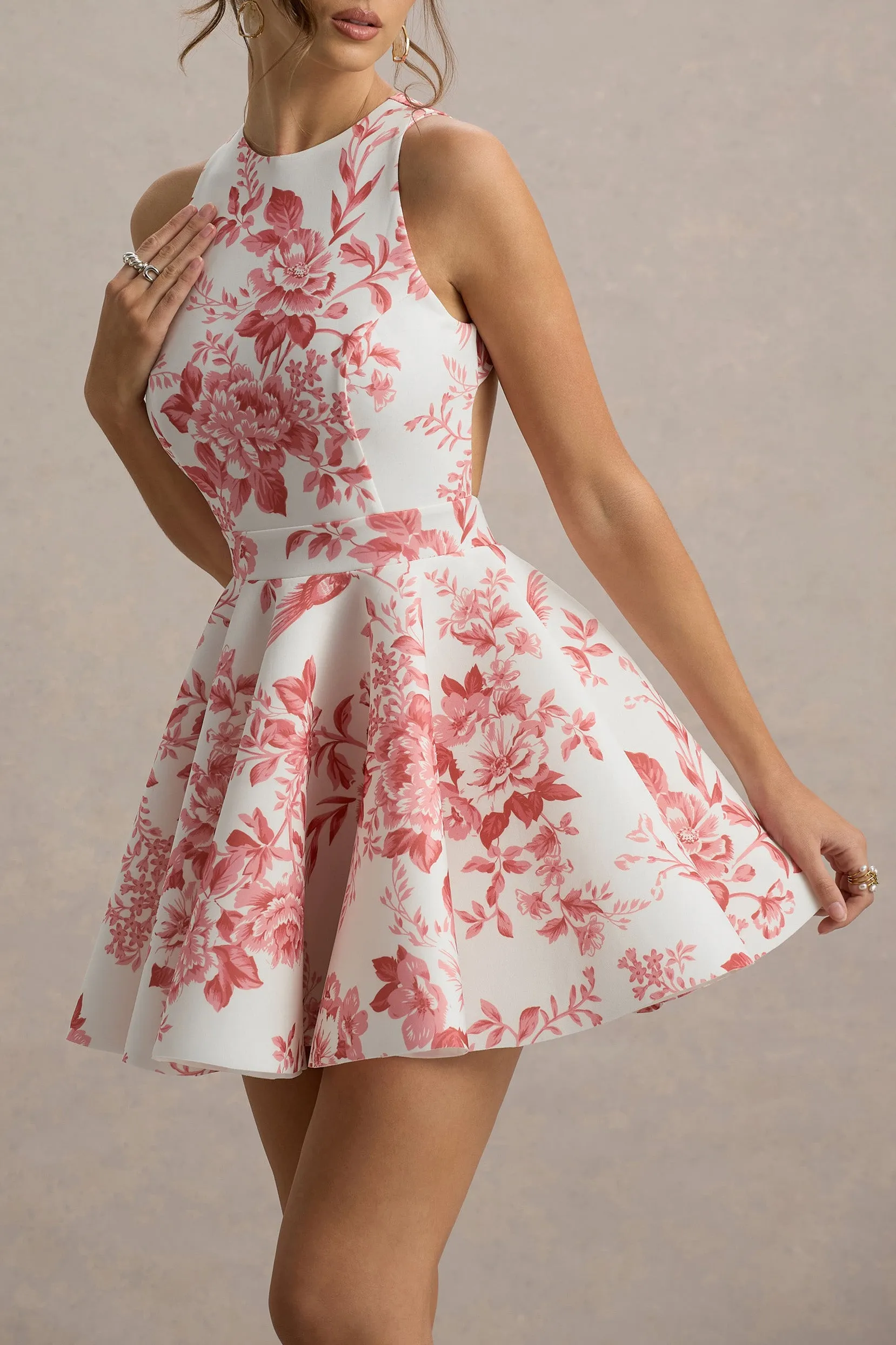 Waverly | Pink Porcelain Print Racer-Neck Sleeveless Skater Mini Dress Club L London