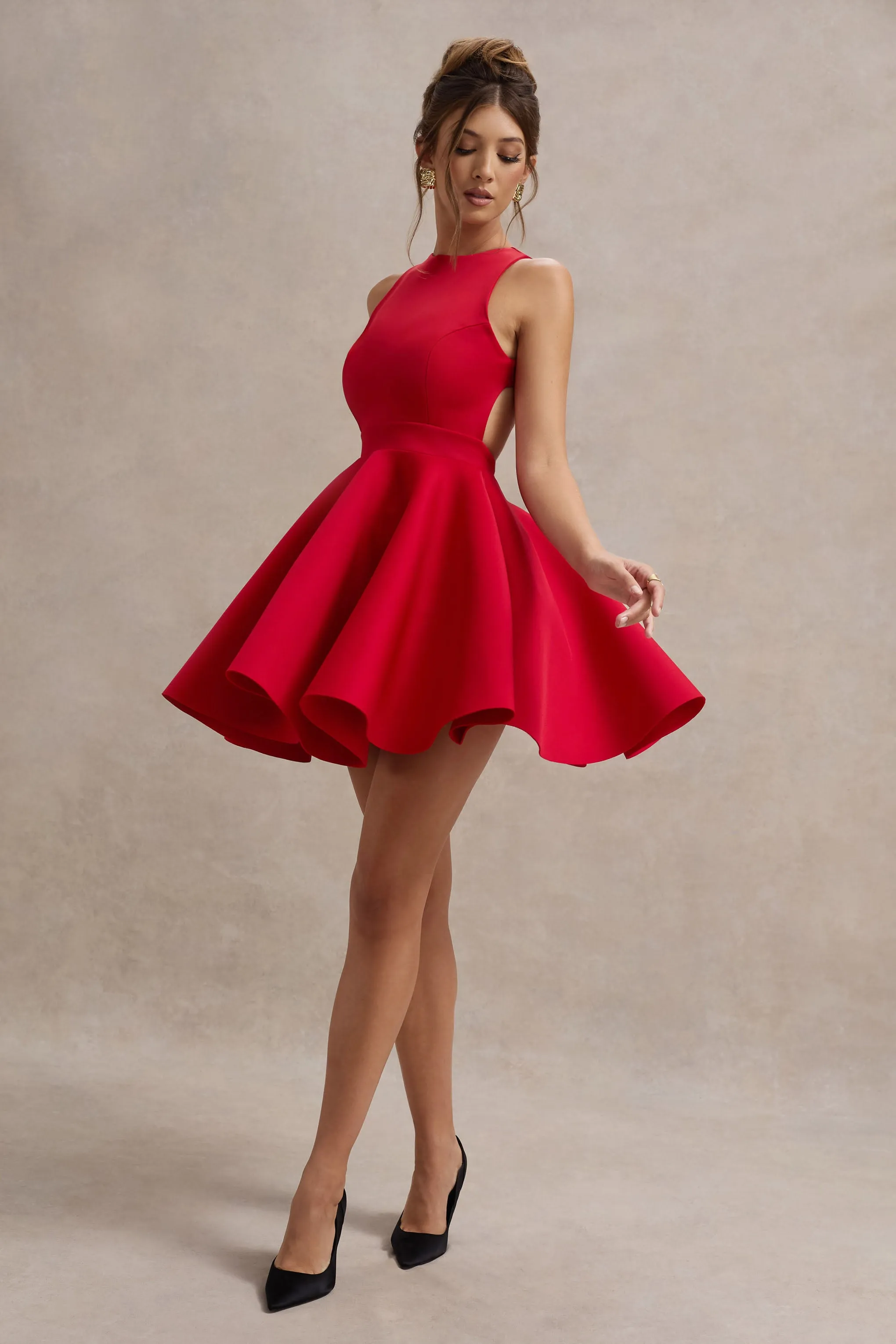 Waverly | Red Racer-Neck Sleeveless Skater Mini Dress Club L London
