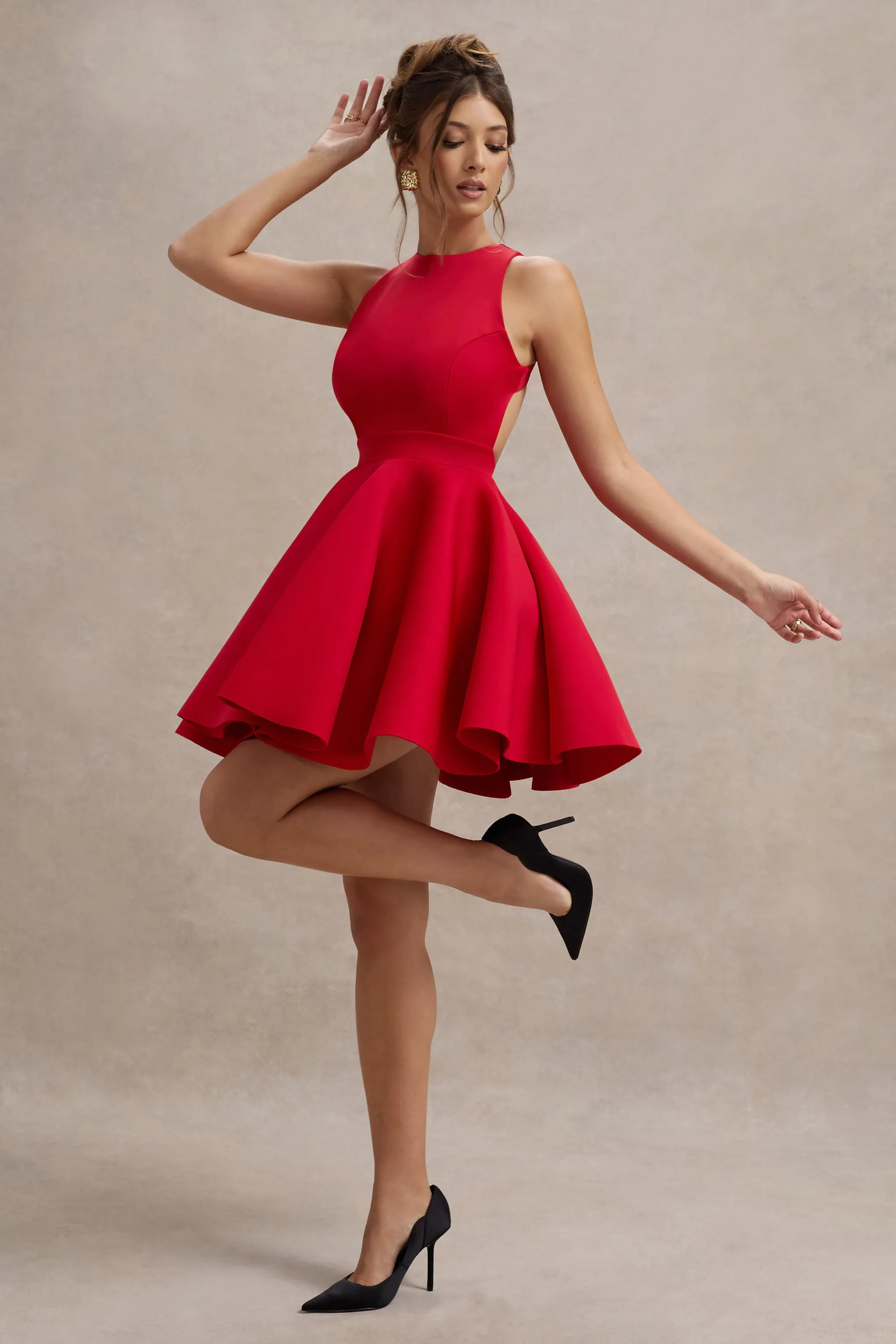Waverly | Red Racer-Neck Sleeveless Skater Mini Dress Club L London